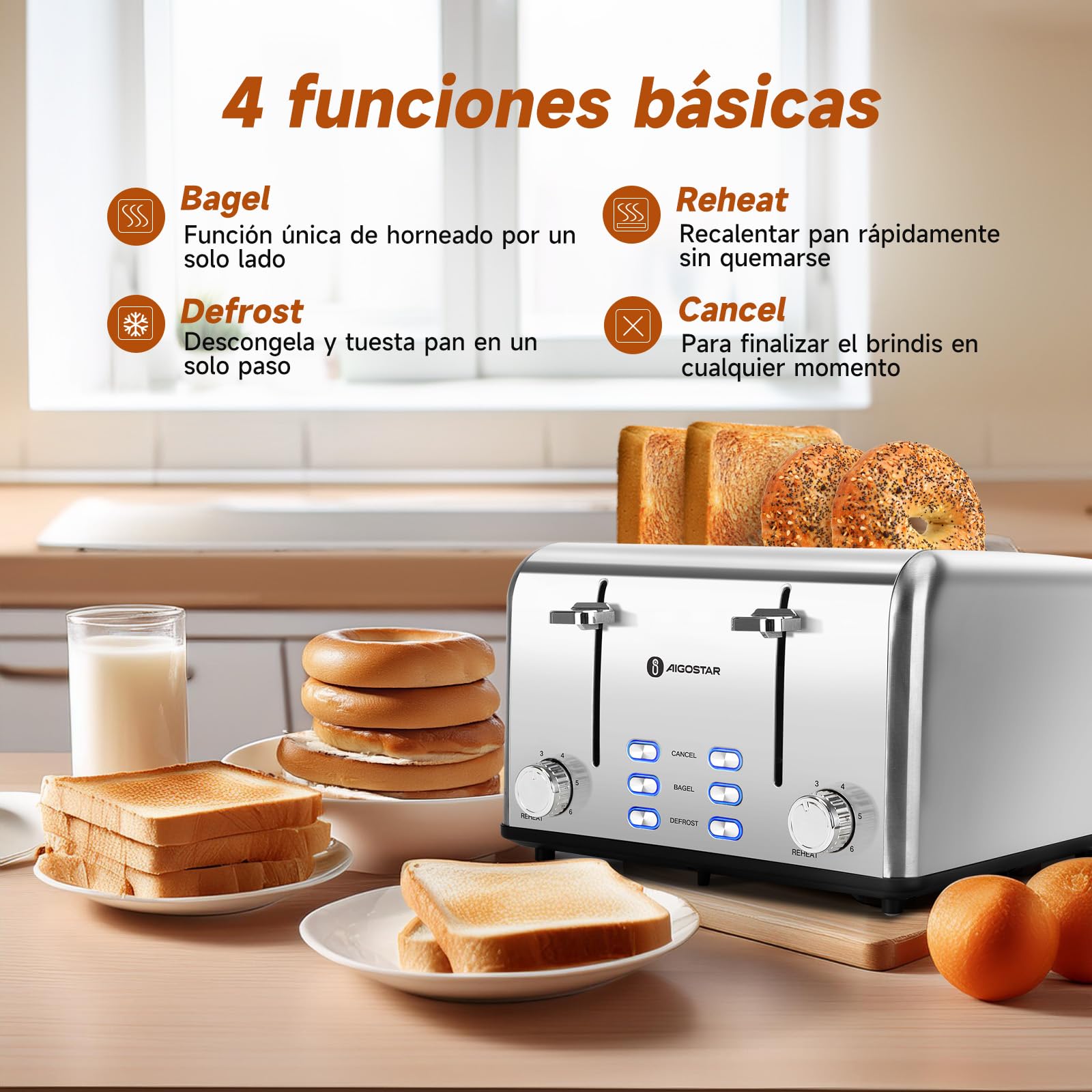 Aigostar Tostadora de Acero Inoxidable, 4 Rebanadas, Ranuras Extra Anchas, 6 Niveles de Tostado, Funciones de Cancelación/Descongelación/Recalentamiento/Bagel, Bandeja de Migas Extraíble