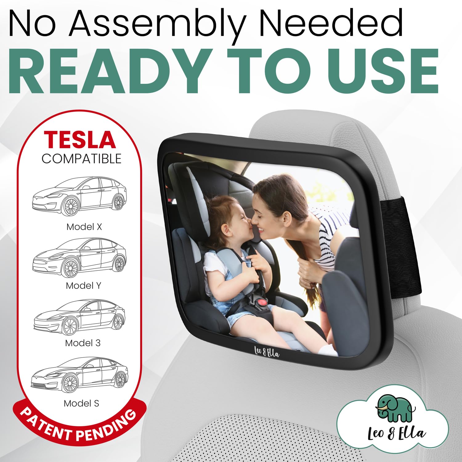 Leo and Ella - Tesla - Espejo de coche fijo para bebé, espejo de coche extragrande para bebé, montaje de seguridad inastillable y ajustable con correa elástica