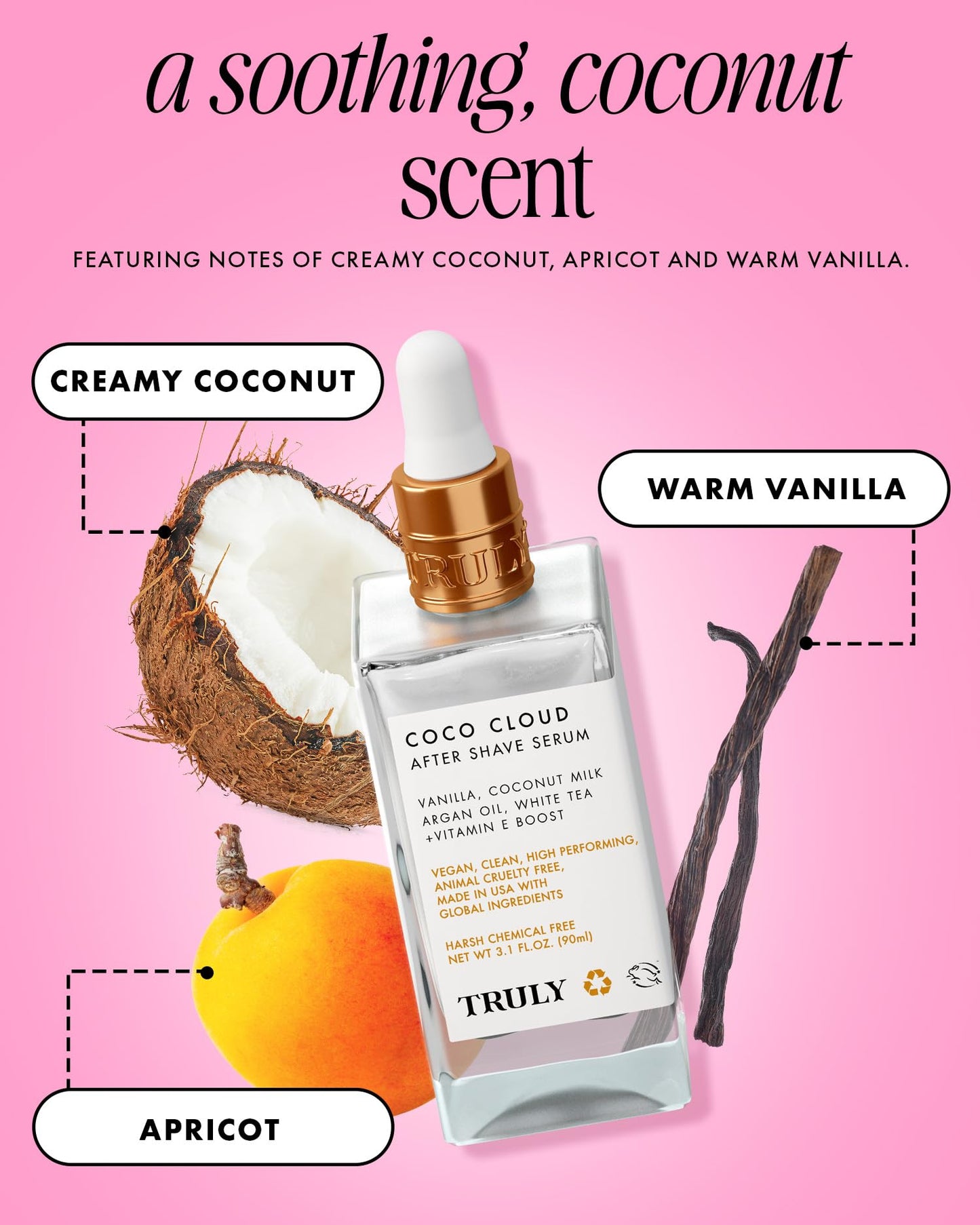 Truly Beauty Coco Cloud After Shave Serum - Alleviates Post Shave Dryness, Ingrowns with Argan Oil, Vanilla & Coconut - After Shave Oil for The Whole Body - 3 Fl Oz