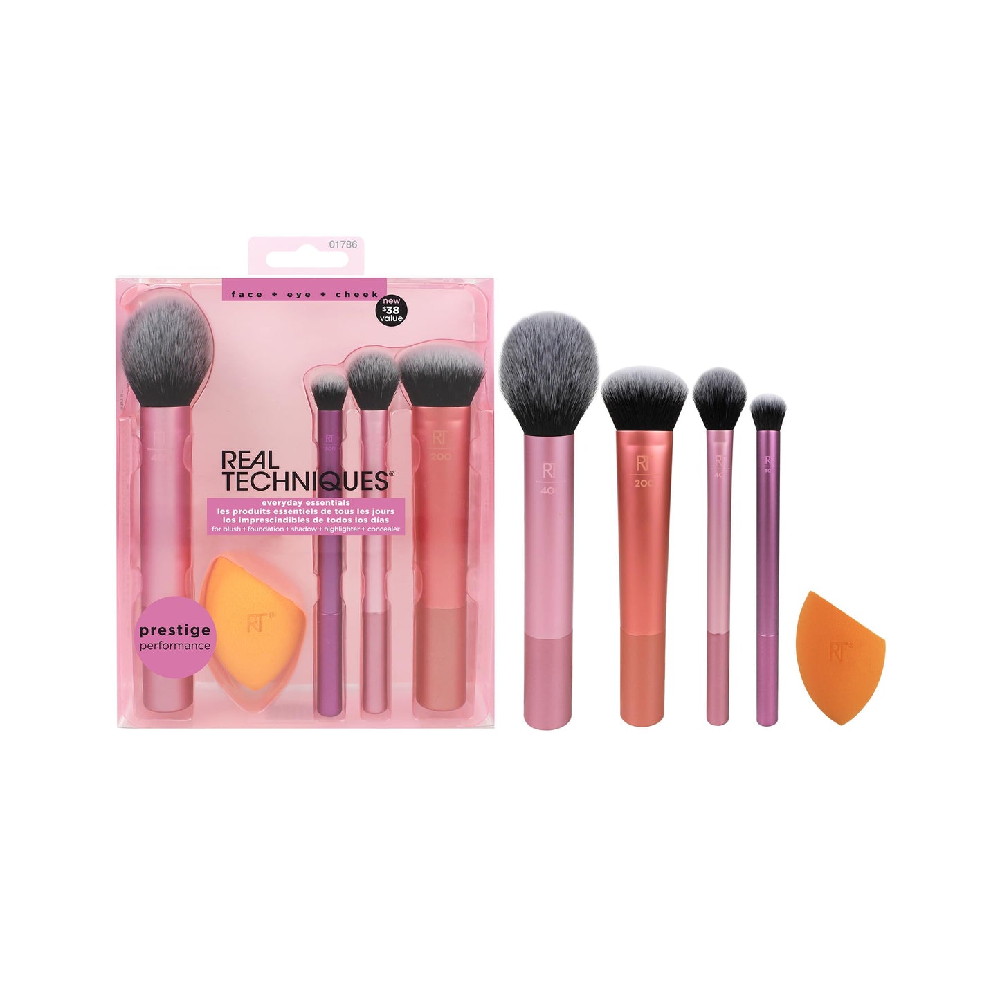 Real Techniques, Everyday Essentials, Set de Brochas de Maquillaje con Esponja Multifuncional, Kit de Accesorios Esenciales, Juego de Brochas para Maquillar Ojos, Mejillas y Rostro, 5 piezas