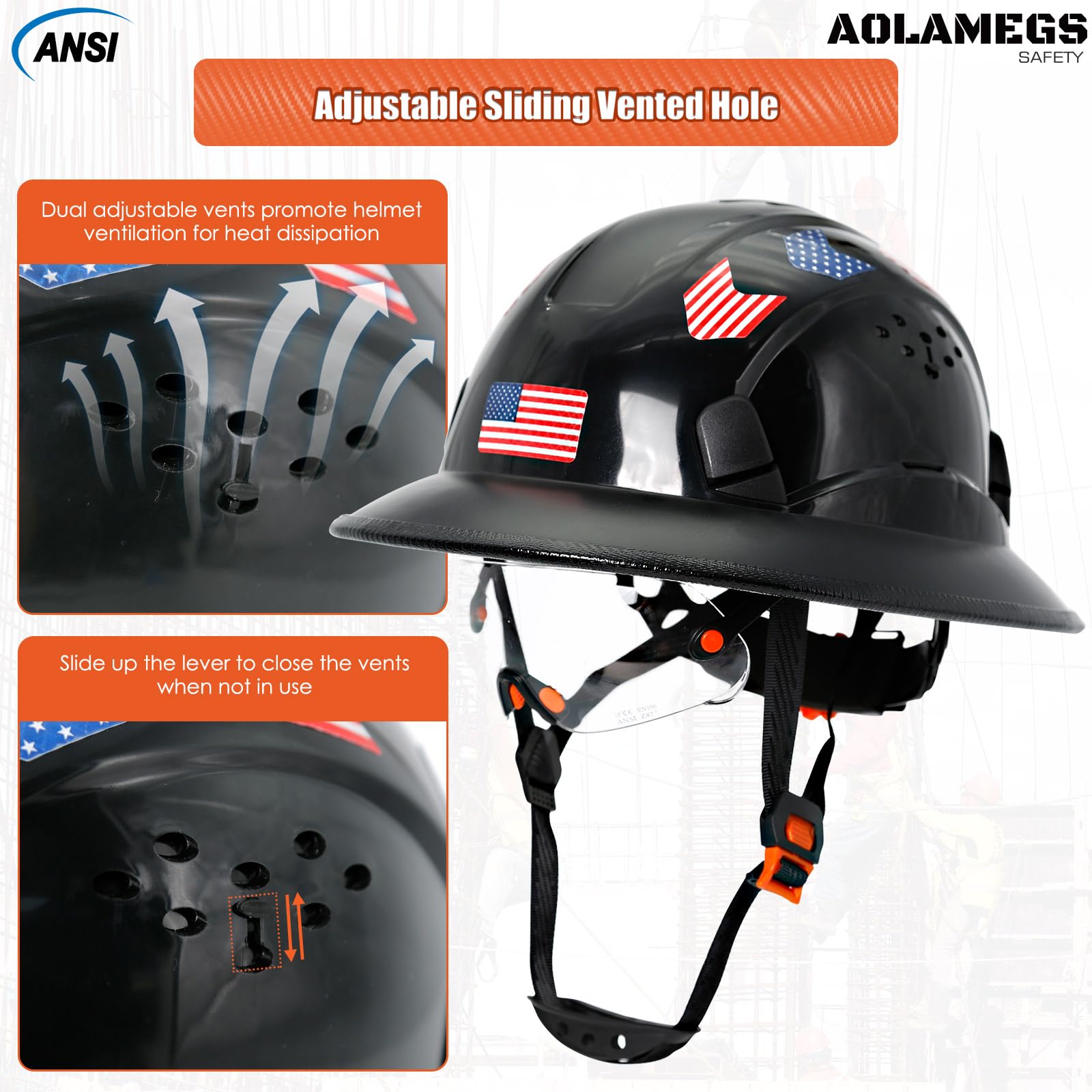 Cascos duros de borde completo con visera de construcción aprobados por OSHA - Cascos duros ventilados para hombres, Casco duro negro con correa para la barbilla, seguridad negro con visera tintada