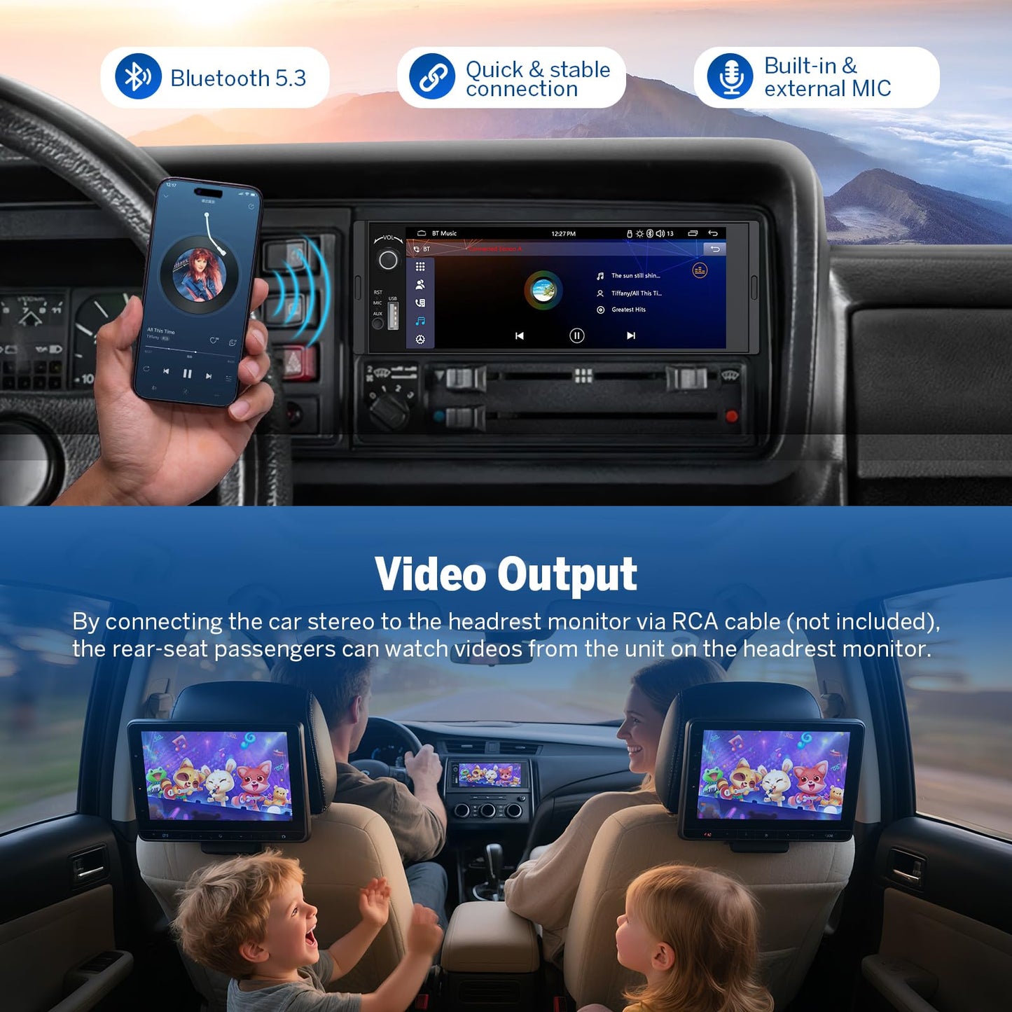 Eonon - Estéreo de coche DIN único de 6.4 pulgadas, inalámbrico CarPlay y Android Auto, visualización táctil IPS (1280 x 480), ST TDA7851 Amp, cámara de respaldo, control de dirección, Bluetooth 5.3