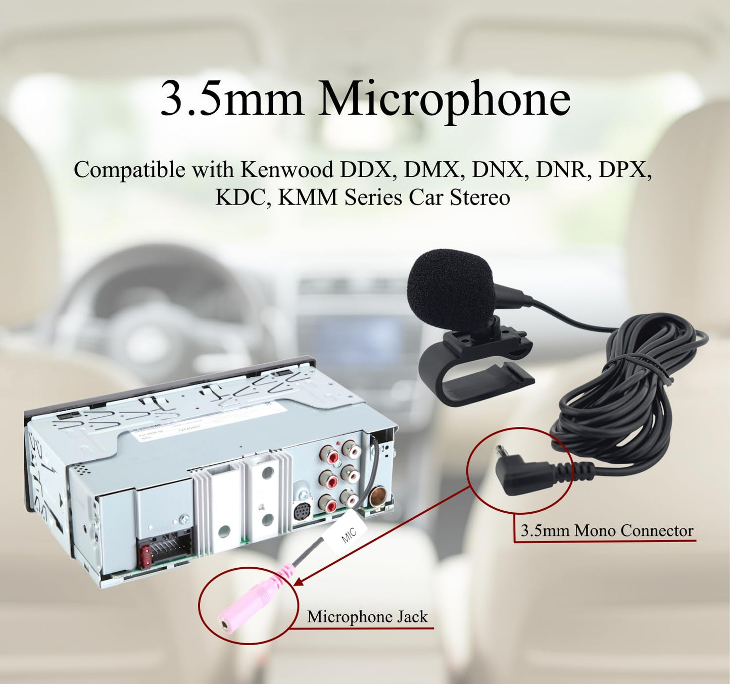 SCREENTRONICS - Micrófono de enchufe de 3,5 mm compatible con Kenwood DDX DMX DNR DPX KDC KMM Series estéreo de coche – Micrófono externo manos libres para llamadas Bluetooth y uso de navegación con