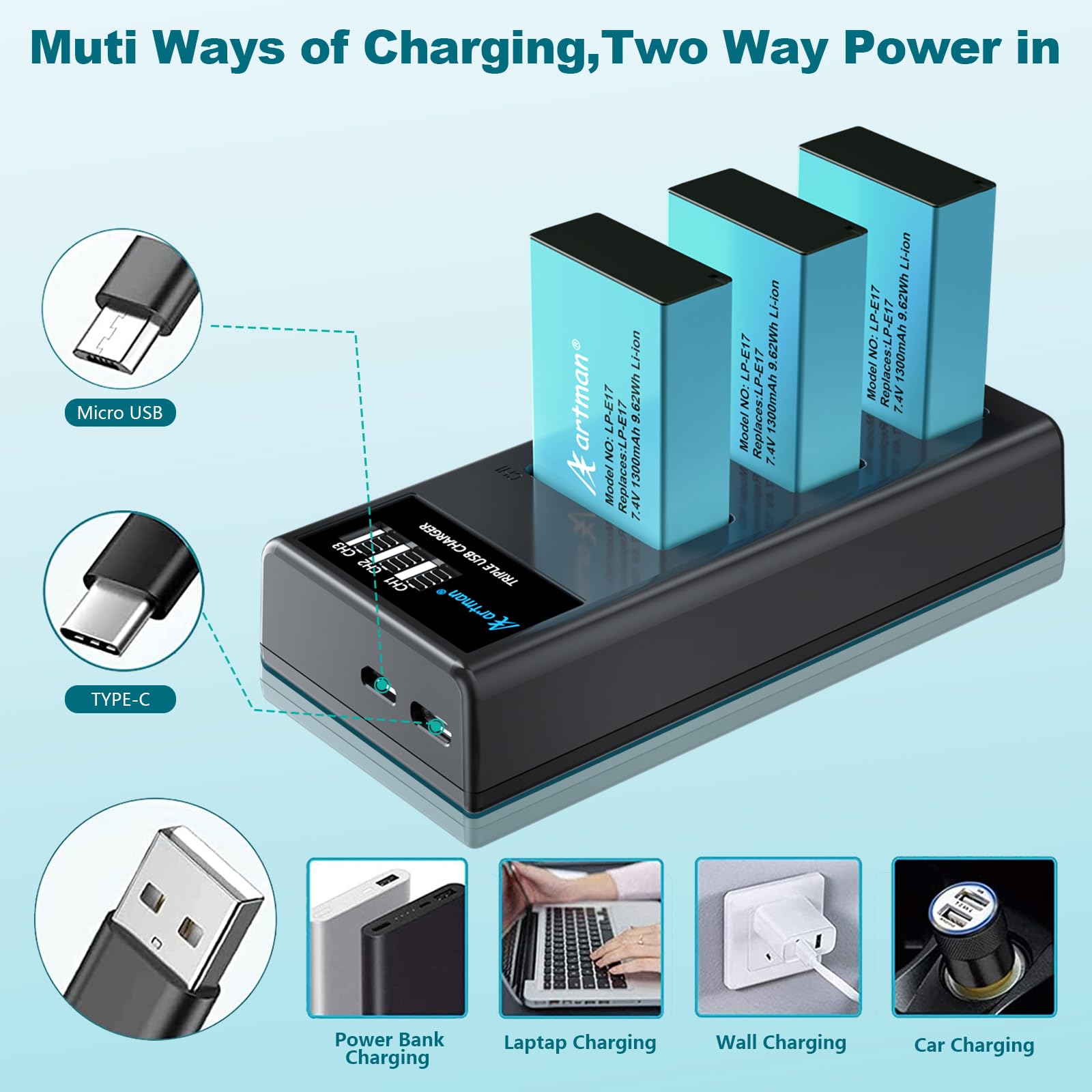 Artman Pack de 3 Baterías LP-E17 1300mAh y Cargador LCD de 3 Canales para Canon EOS RP R10 R8 R50 Rebel T6i T7i T8i T6s SL2 SL3 EOS M3 M5 M6 200D 77D 750D 760D 800D 8000D Kiss X8i Cámara