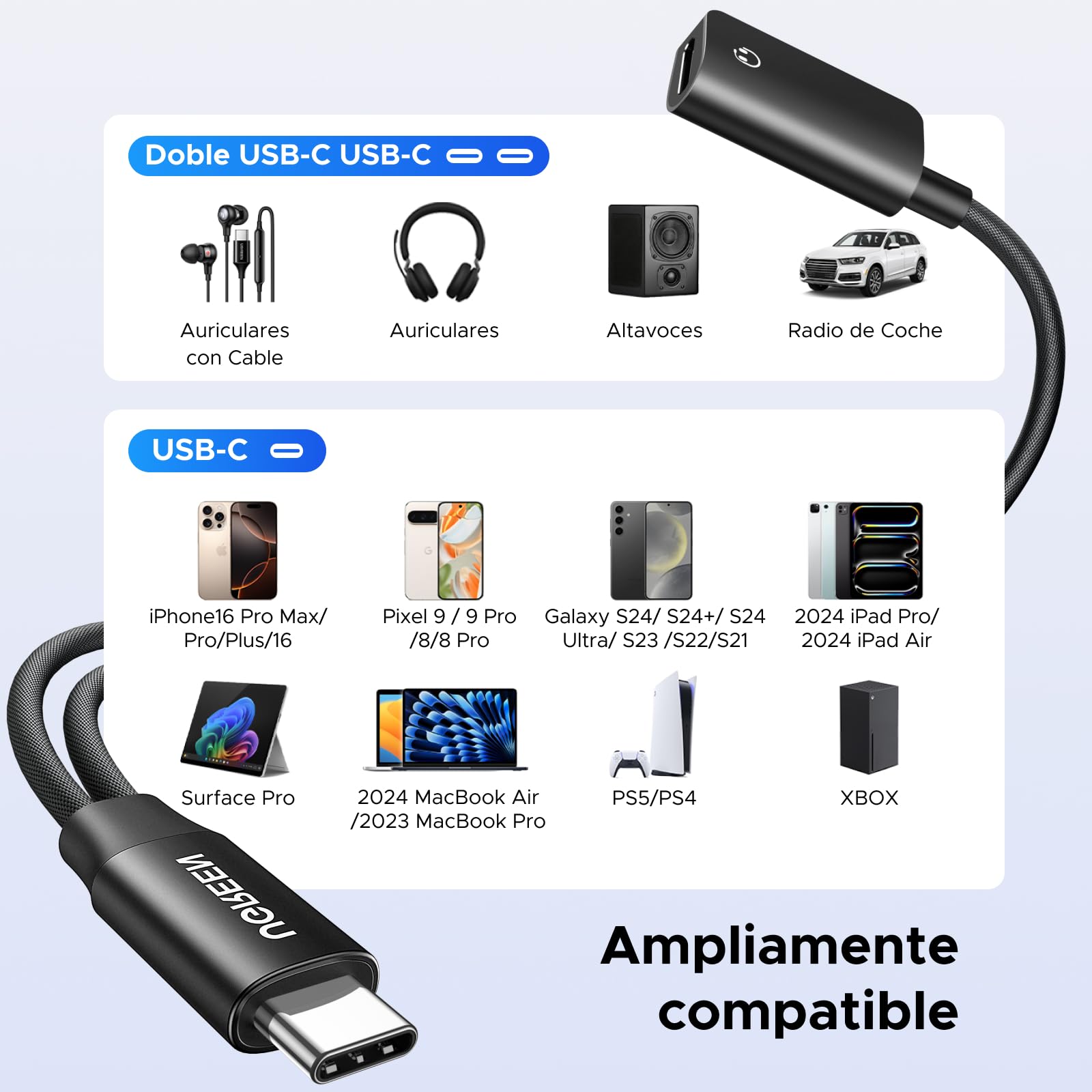 UGREEN Adaptador de Audio Tipo C de 1 Entrada y 2 Salidas, para Auriculares y Cargador con Cable de Carga Rápida PD de 60 W Compatible con iPhone 16 Pro MAX, Galaxy S25 Ultra, Pixel 9, iPad Pro/Air