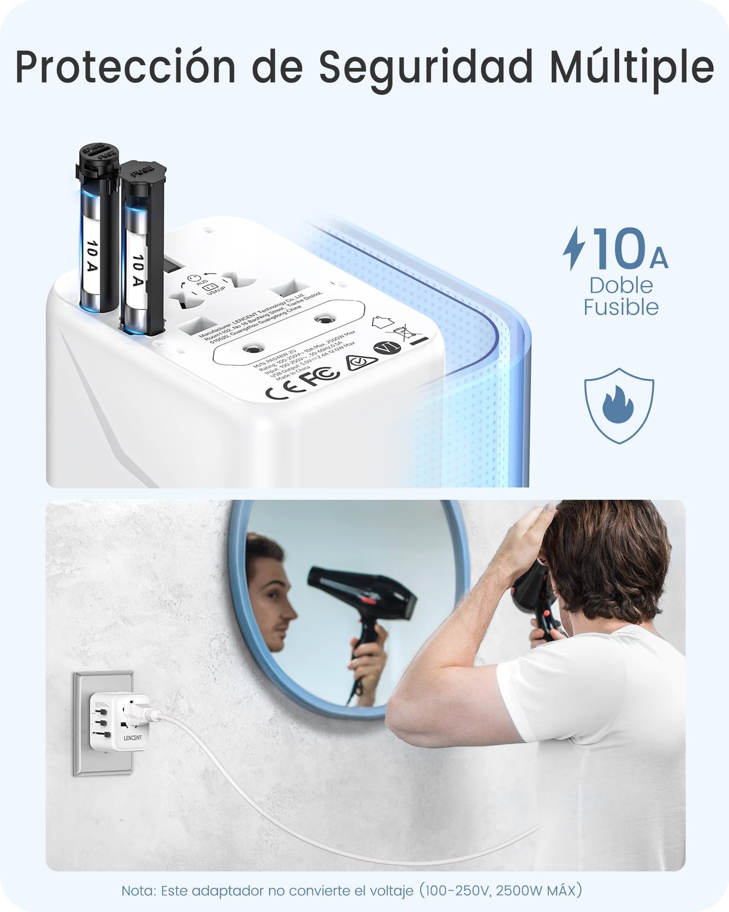 LENCENT Adaptador Enchufe Universal, Enchufe Internacional con 2 Puertos USB, Cargador de Viaje para Europa, Americano, Canadá, Reino Unido, Australia, Adaptador Viaje para Más de 200 Países, Blanco