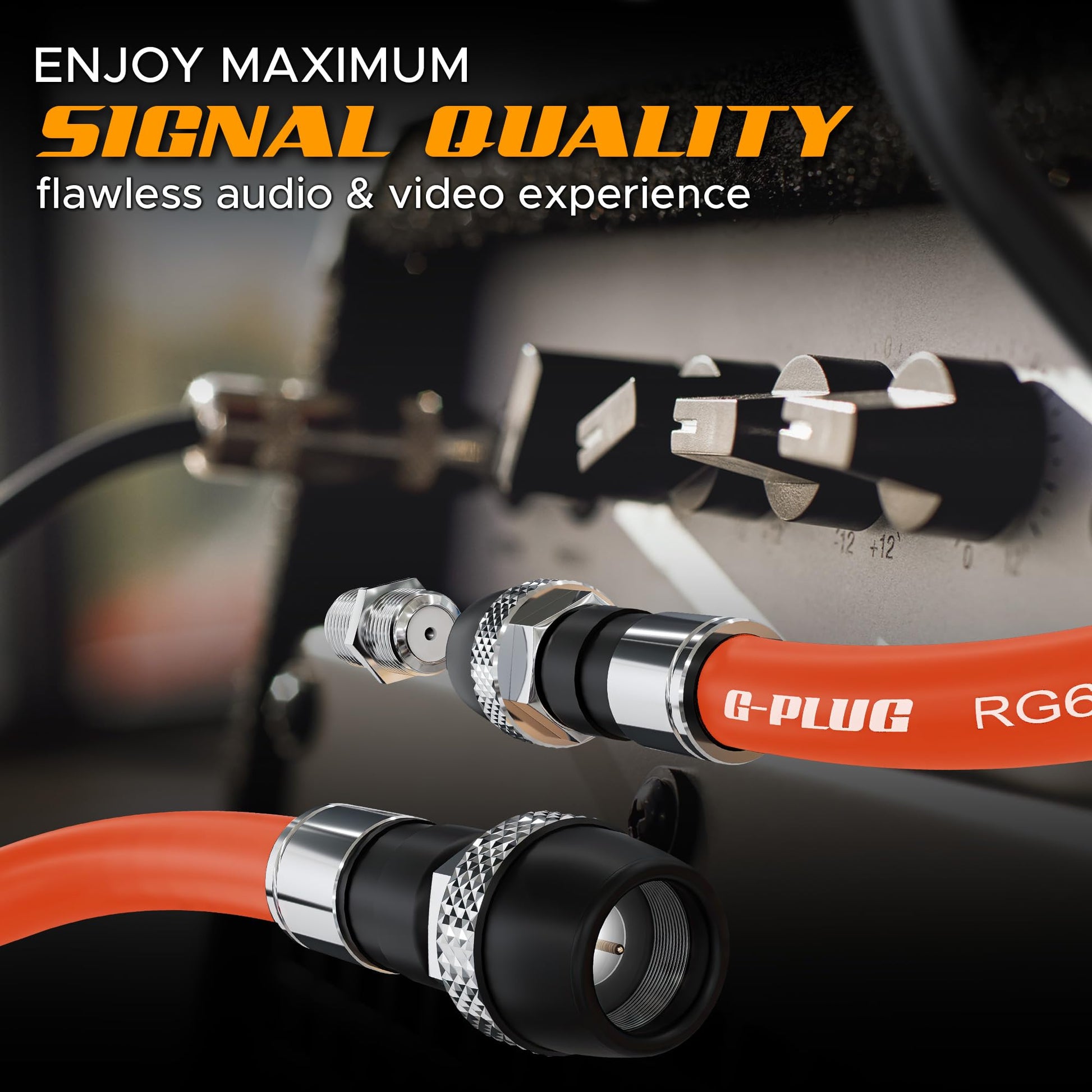 G-PLUG Cable Coaxial RG6 75 Ohm, Triple Blindaje, Impermeable, Conectores F Tipo Macho a Macho, Cable Antena TV, Satelital e Internet Banda Ancha, Incluye Acoplador F81, Naranja