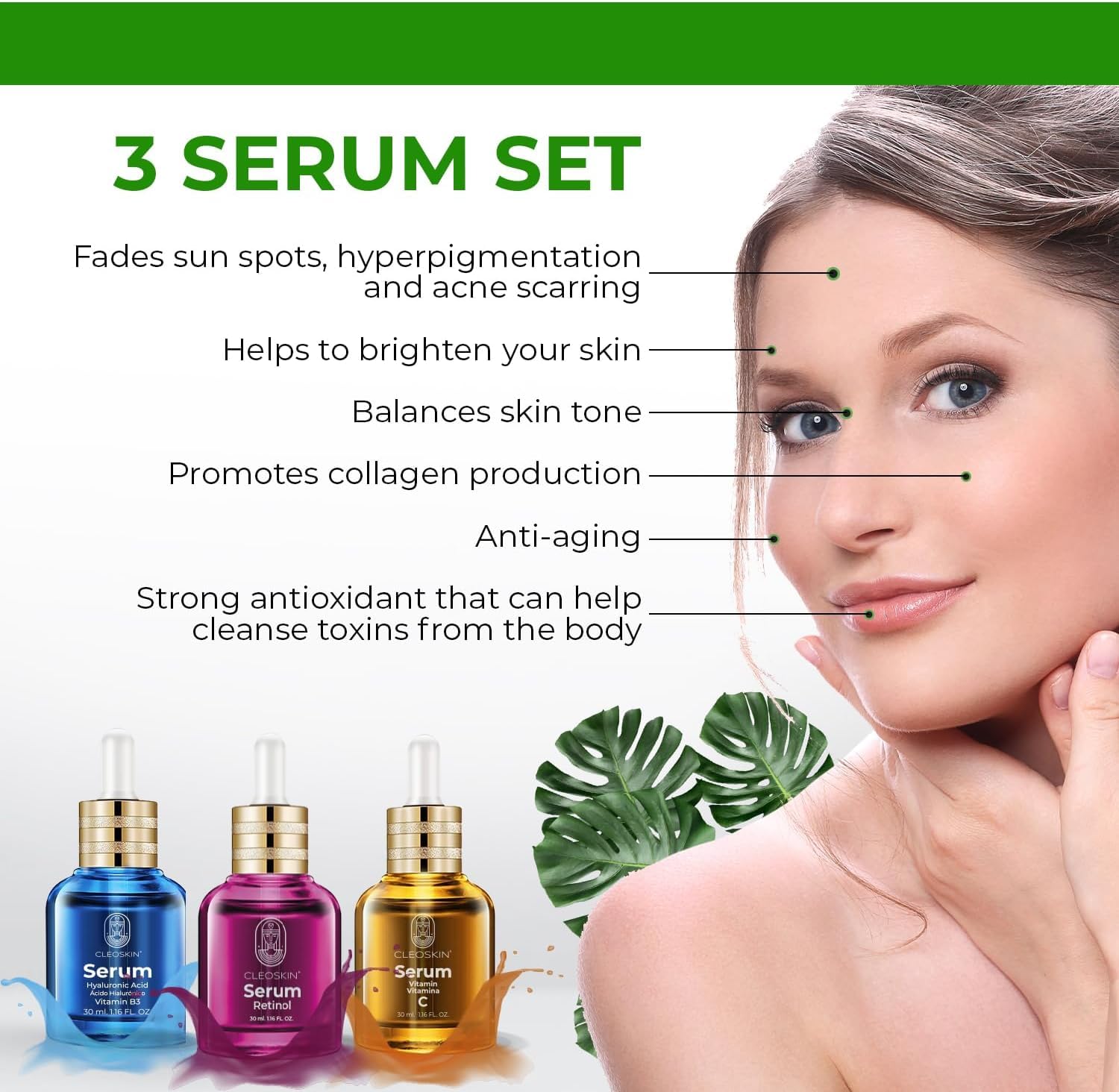 CLEOSKIN Kit 3 sueros faciales, Serum Vitamina C (ácido ascórbico), Serum Ácido Hialurónico con Niacinamida y Serum retinol (Vitamina A). Para el cuidado de la piel