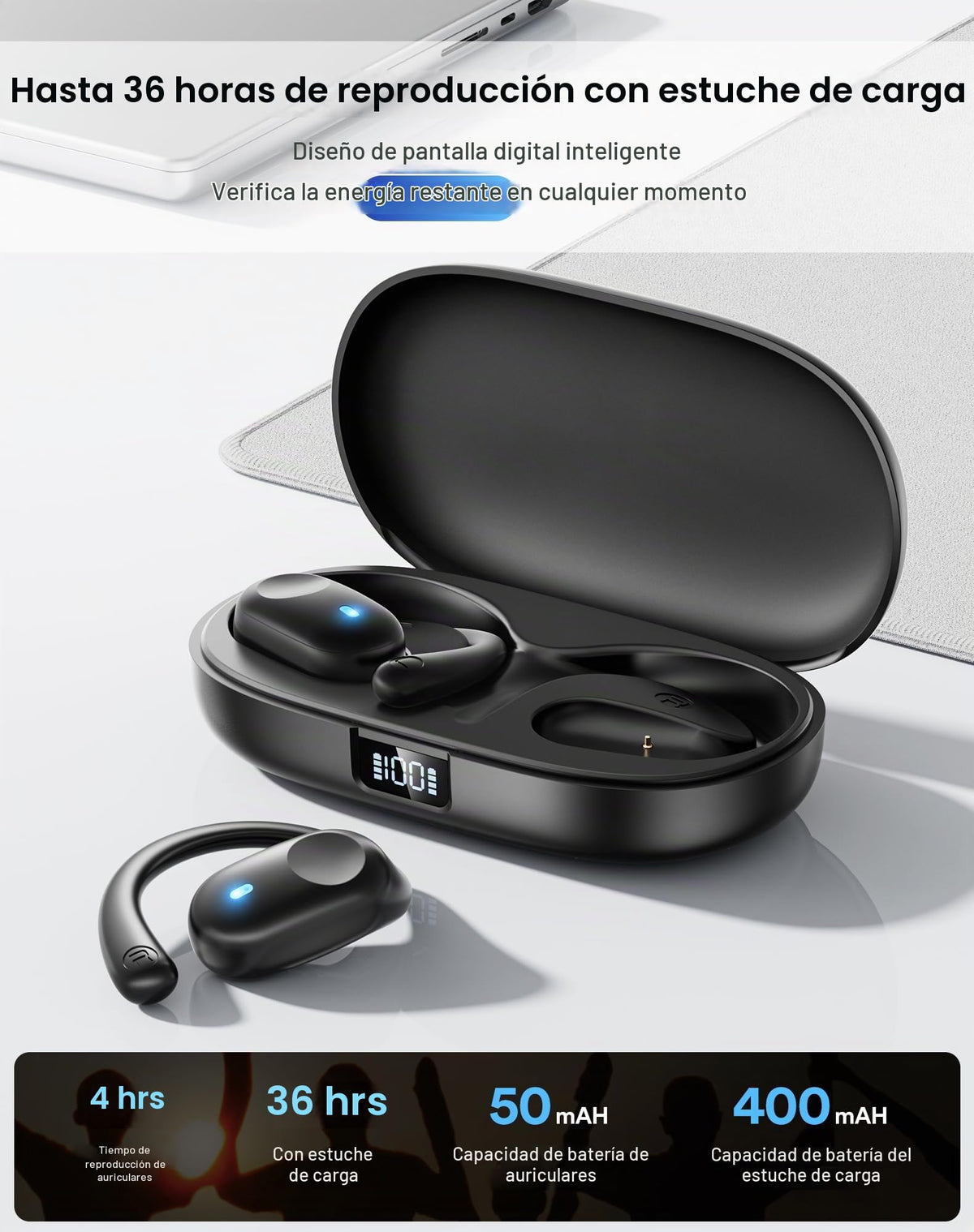 Auriculares Deportivos Eigsupia Abiertos Bluetooth 5.3 con Visualización Digital para Ciclismo