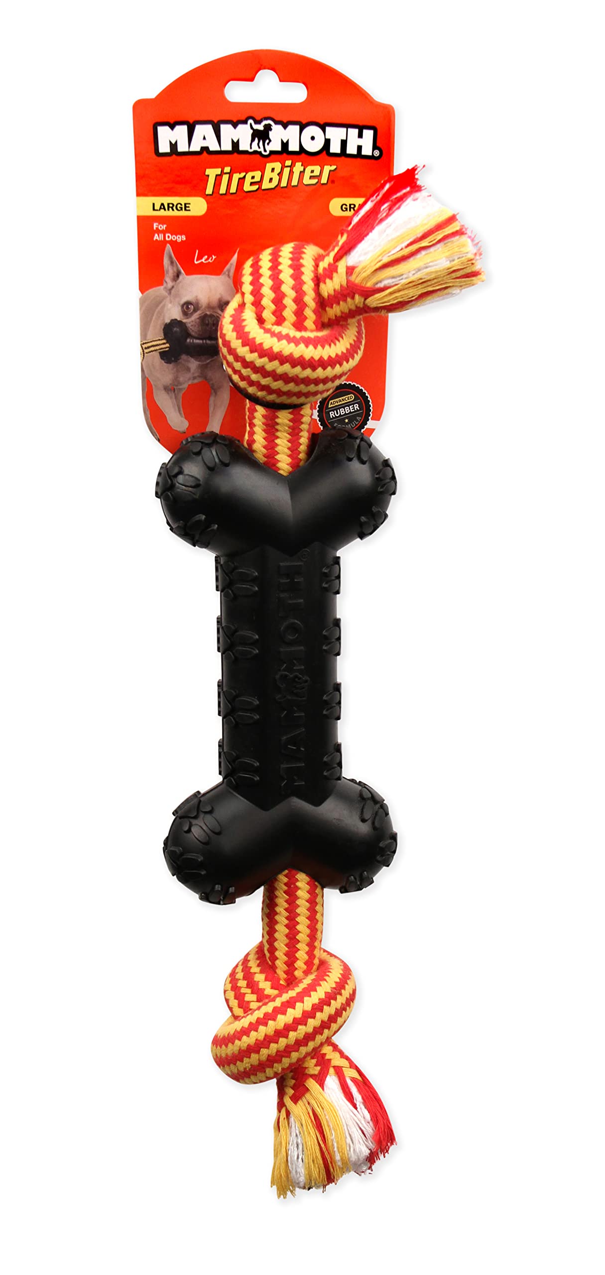 Mammoth Pet Products TireBiterII Bone with Extra Cotton-Poly Rope â€“ Natural Rubber Dog Toys for Extreme Chewers â€“ Aggressive Chewer Toys for Dogs - Large 15â€, Black (35023F)