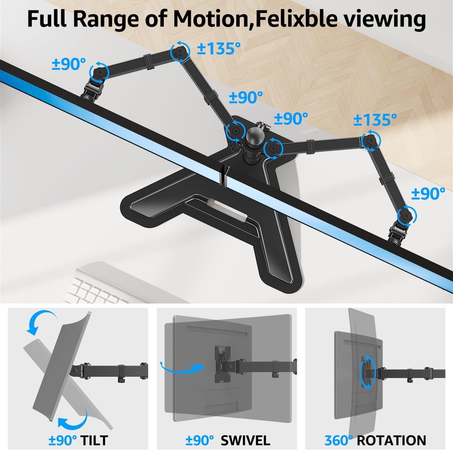 Soporte de Computadora MOUNTUP Negro Ajustable para Monitor VESA 2 Pantallas 27 Pulgadas