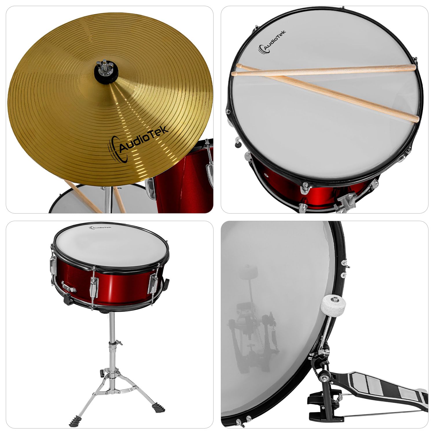 AUDIOTEK Bateria Acustica 5 Piezas Completo Platillos Atriles Bombo 23 Pulgadas Toms Redoblante Tambor de Piso Baquetas Incluidas Kit Musical Semi Profesional para Principiantes y Adultos (Rojo)