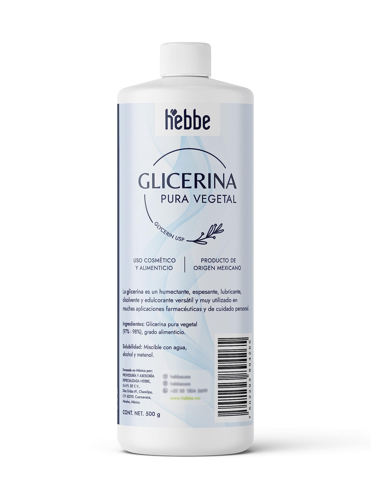 Hebbe Glicerina Vegetal Pura 500 g | Humectante Calmante | Para Piel Sensible | Refuerza Barrera Cutánea | Uso Cosmético y Alimenticio