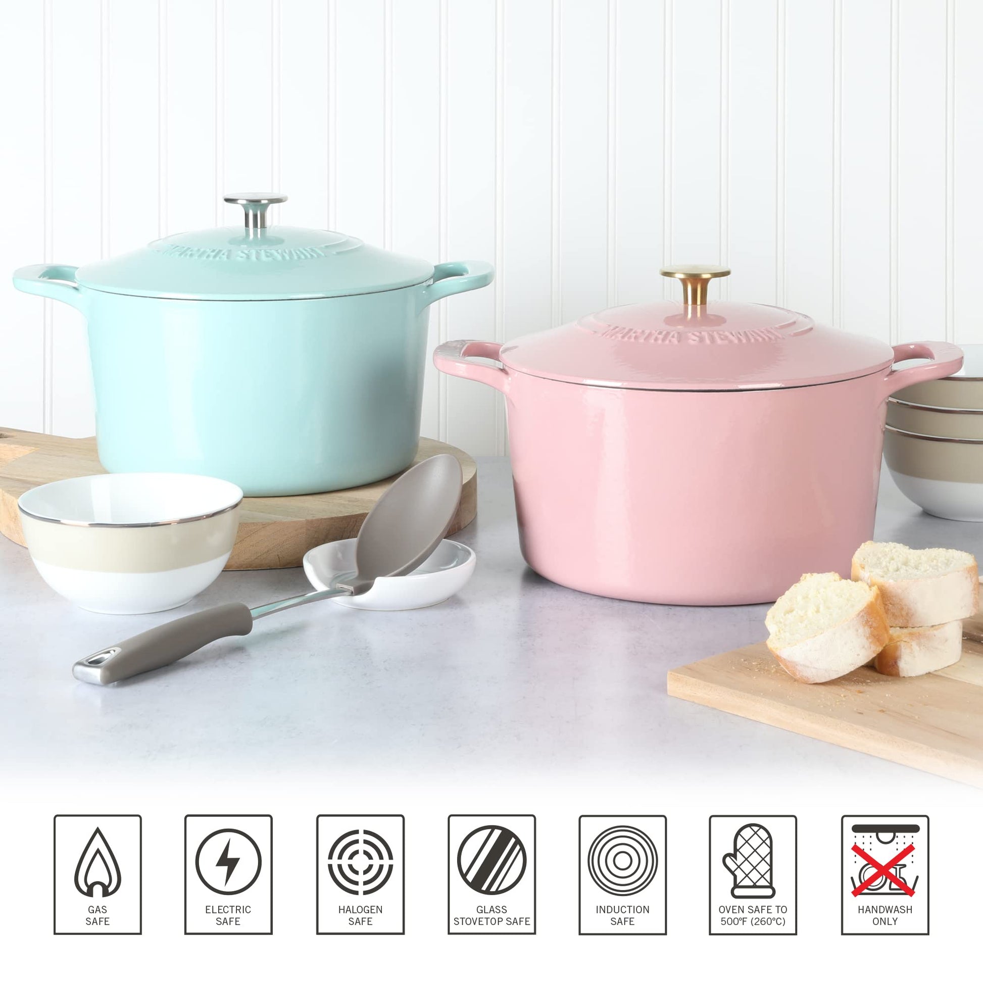MARTHA STEWART Gatwick - Olla para horno holandesa de hierro fundido esmaltado de 7 cuartos con tapa, color rosa