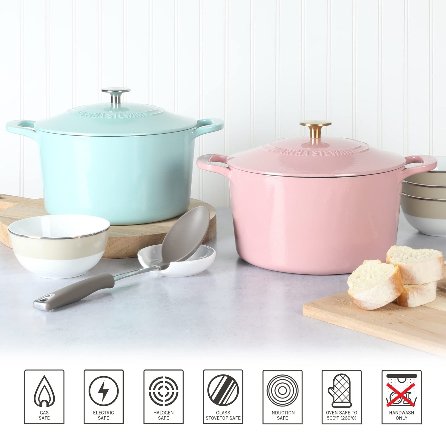 MARTHA STEWART Gatwick - Olla para horno holandesa de hierro fundido esmaltado de 7 cuartos con tapa, color azul Martha