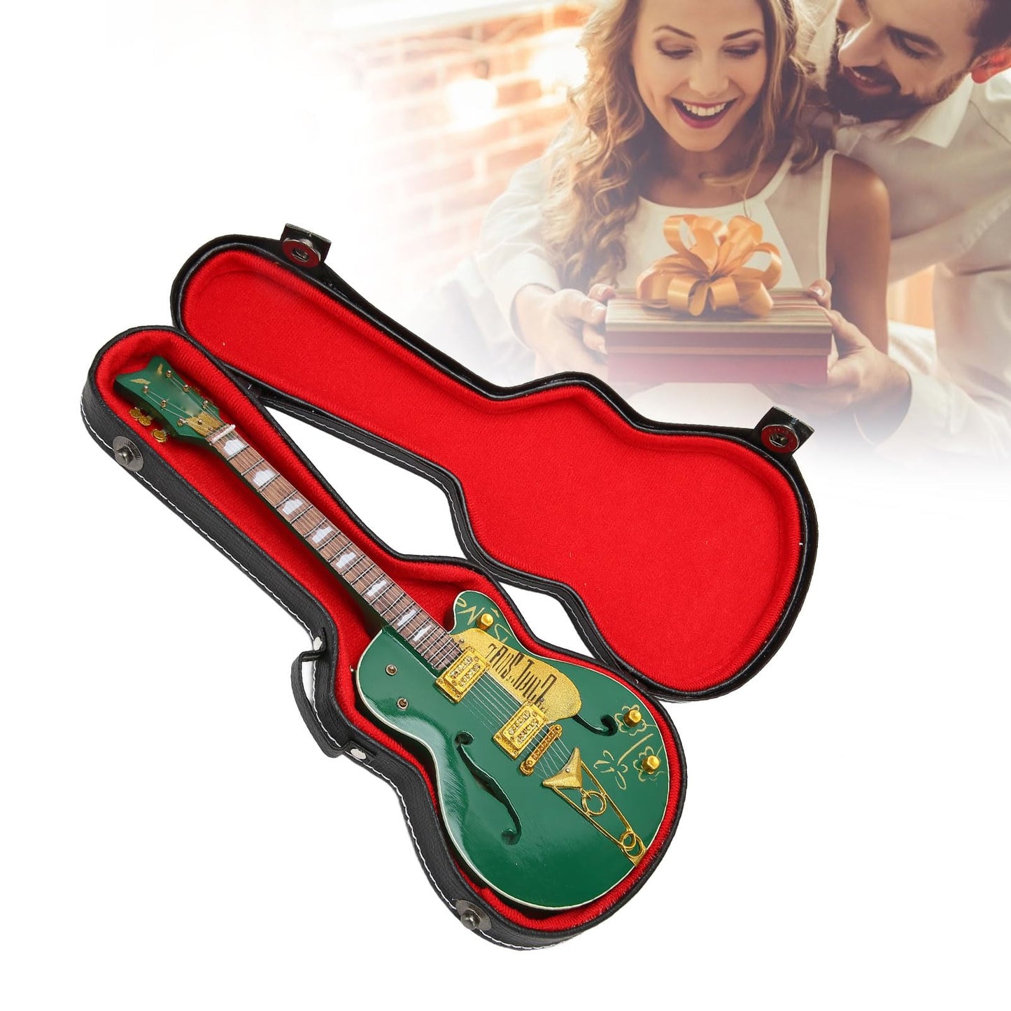 Tyenaza Guitarra Miniatura, Modelo de Guitar de Madera de 10 Pulgadas, Modelo de Guitarras Eléctrica en Miniatura Verde con Soporte y Estuche, Juguete Guitar Acústica Regalo para Niño y Niña