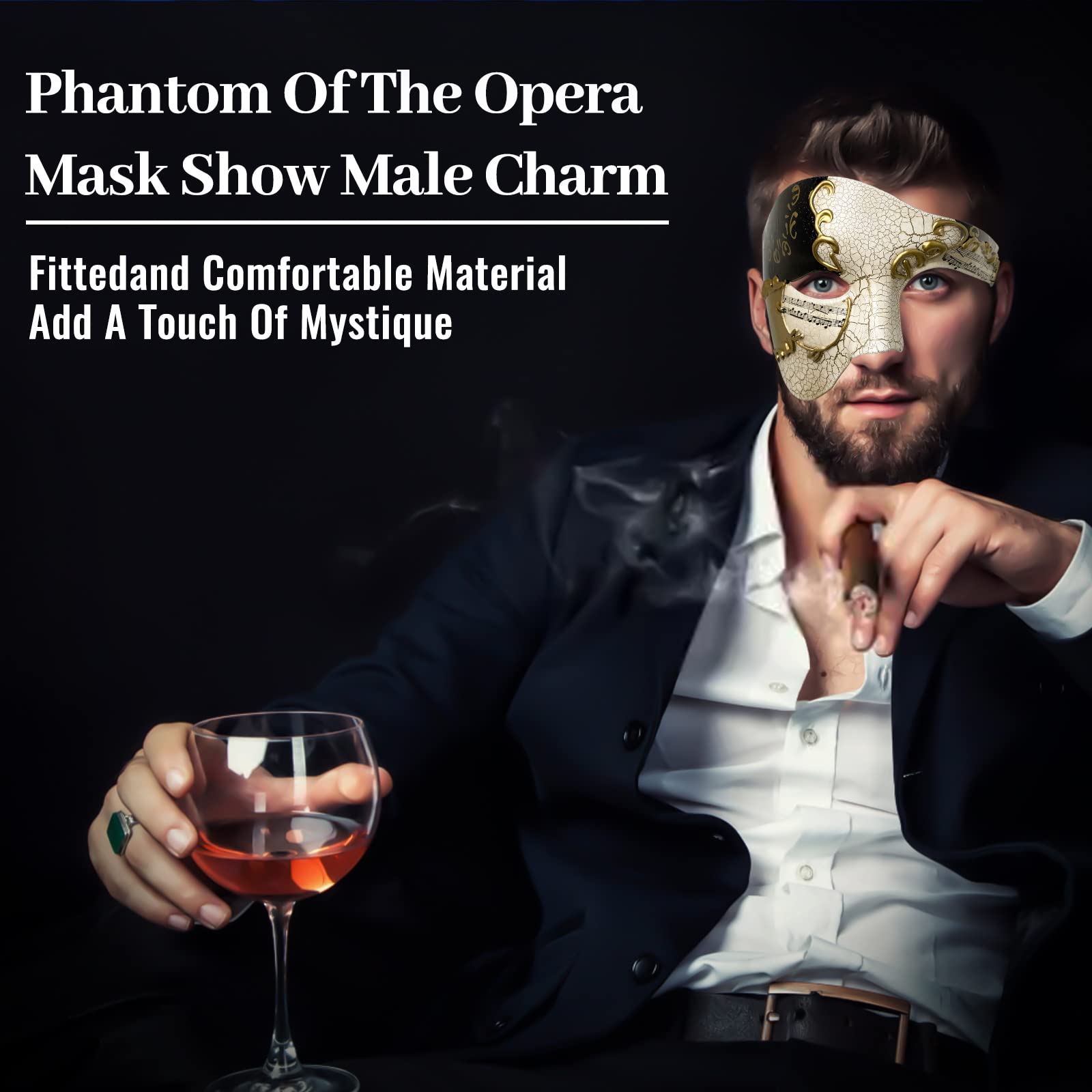 IncreDecor Máscara de mascarada para hombres Phantom of The Opera con lazo, máscaras venecianas para fiesta de Halloween (negro)