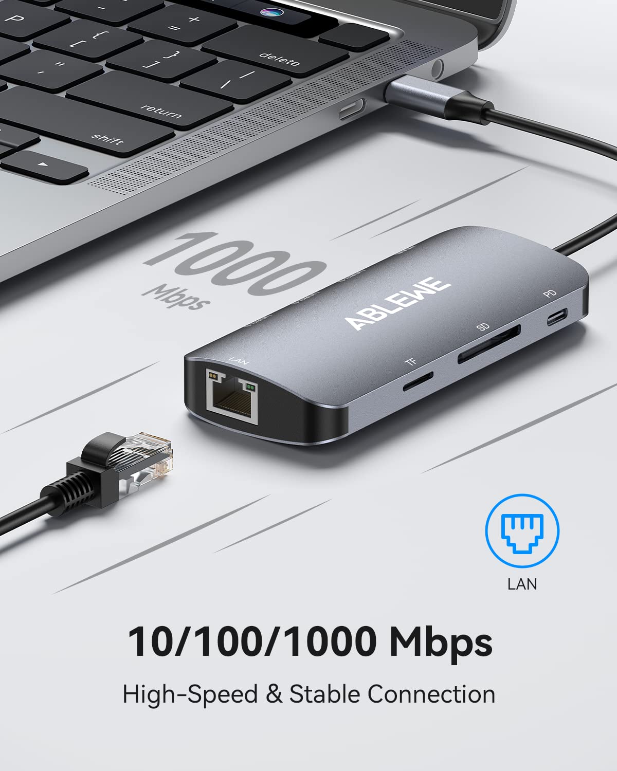 ABLEWE HUB USB C, 8 en 1 Adaptador USB C a hdmi 4K,USB 3.0 3 Puertos,Lector Tarjetas SD/TF,Puerto Gigabit Ethernet,87 Power Delivery Carga,Type C Hub Compatible para MacBook,MacBook Pro,Chromebook