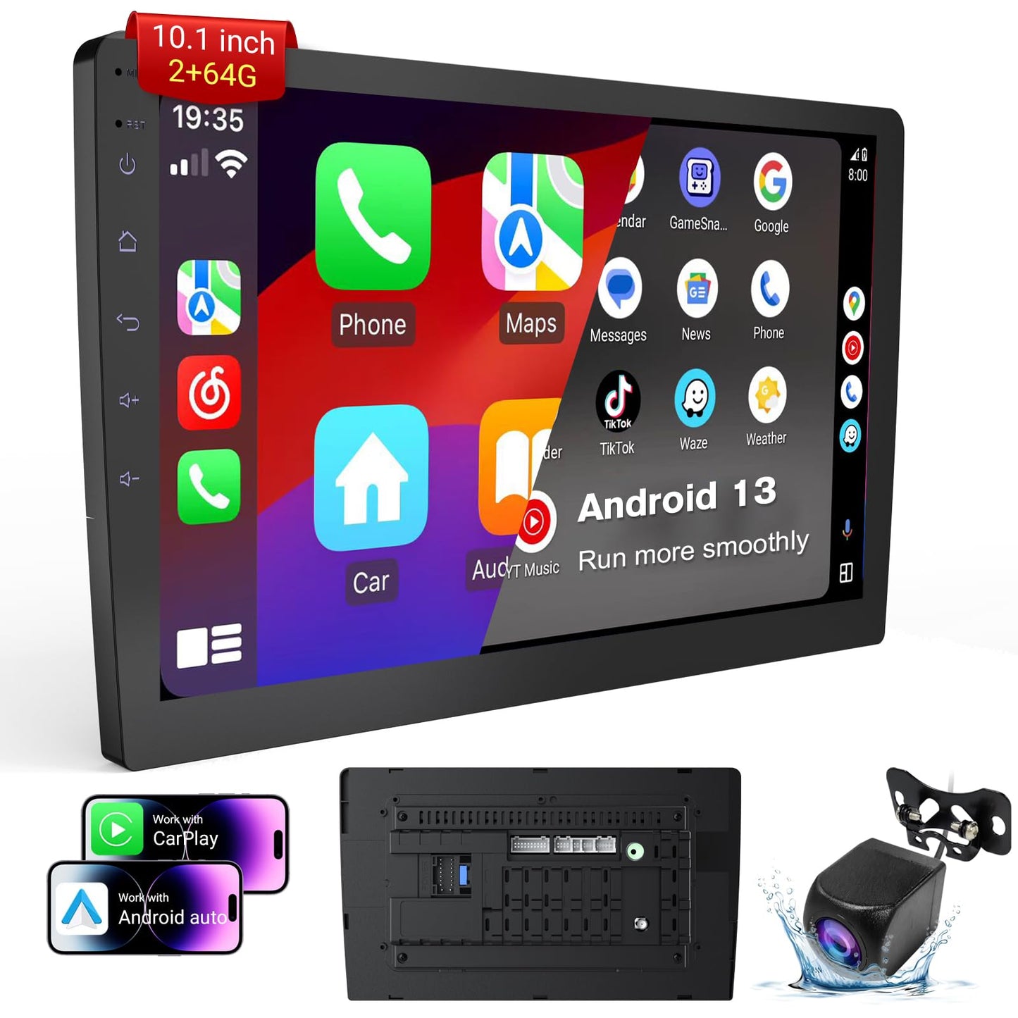 Haudio Reproductor de Estéreo de Coche Android 13 Double Din - Pantalla táctil HD Universal de 10.1" con 64GB, GPS Integrado y Cámara de Copia de Seguridad, Bluetooth 4.1, Soporta CarPlay/MirrorLink