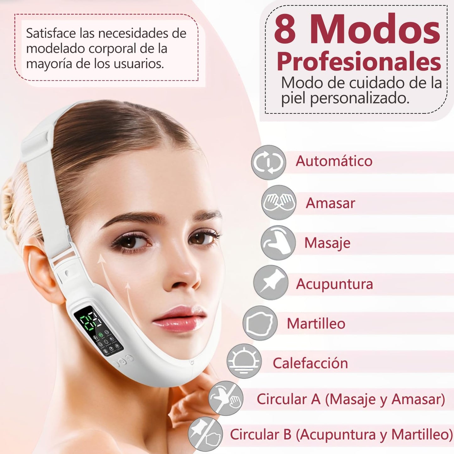 Masajeador Facial, Eliminador de Papada con Lifting de cara Correa, Microcorriente de Alta Frecuencia, Faja Papada 8 Modos con 15 Marchas, Rejuvenece tu piel, Tensar la piel, Creando Rostro Forma de V