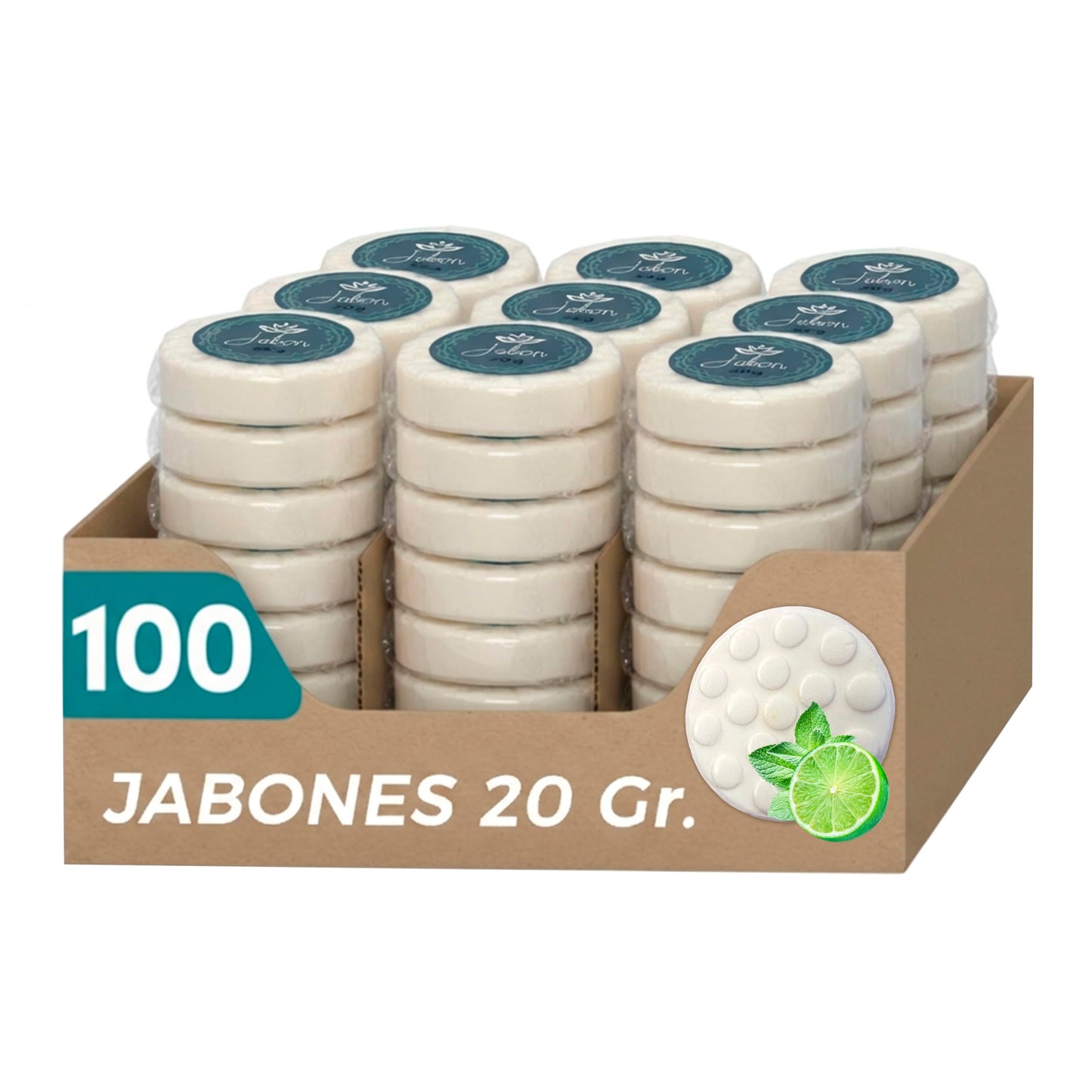 Caja de Jabón Corporal de 20g Con 100 Piezas, Mini Jabones Redondos Relajantes, Ideal Para Hoteles, Airbnb, Posadas, Hospitales, Spa, Jabon de Baño, Jabón Corporal Ecospa (Limón)