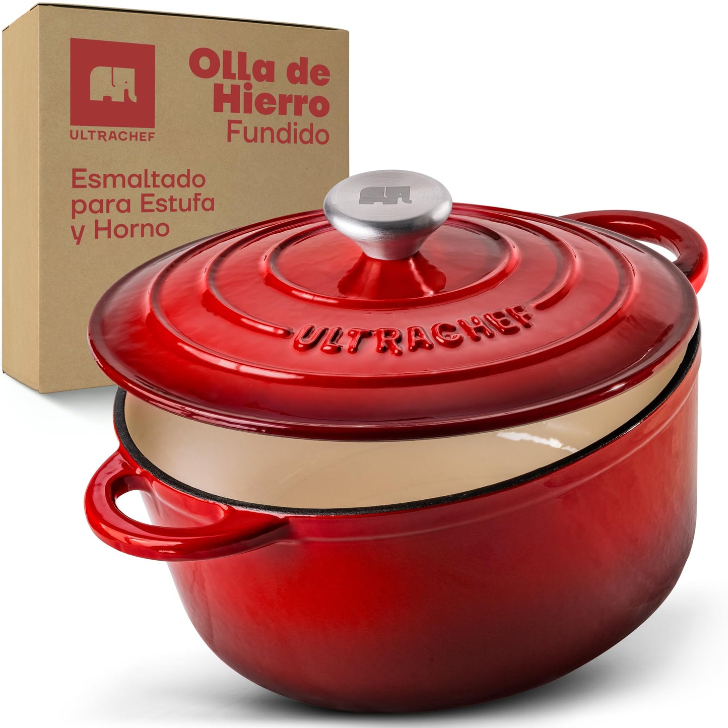 ULTRACHEF Olla de Hierro Fundido Esmaltado para Estufa y Horno | Horno Holandés Cubierto de Hierro Fundido | Dutch Oven | Redonda | Tamaño 24 cm, Capacidad 3.8 Litros, Rojo