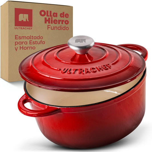 ULTRACHEF Olla de Hierro Fundido Esmaltado para Estufa y Horno | Horno Holandés Cubierto de Hierro Fundido | Dutch Oven | Redonda | Tamaño 24 cm, Capacidad 3.8 Litros, Rojo