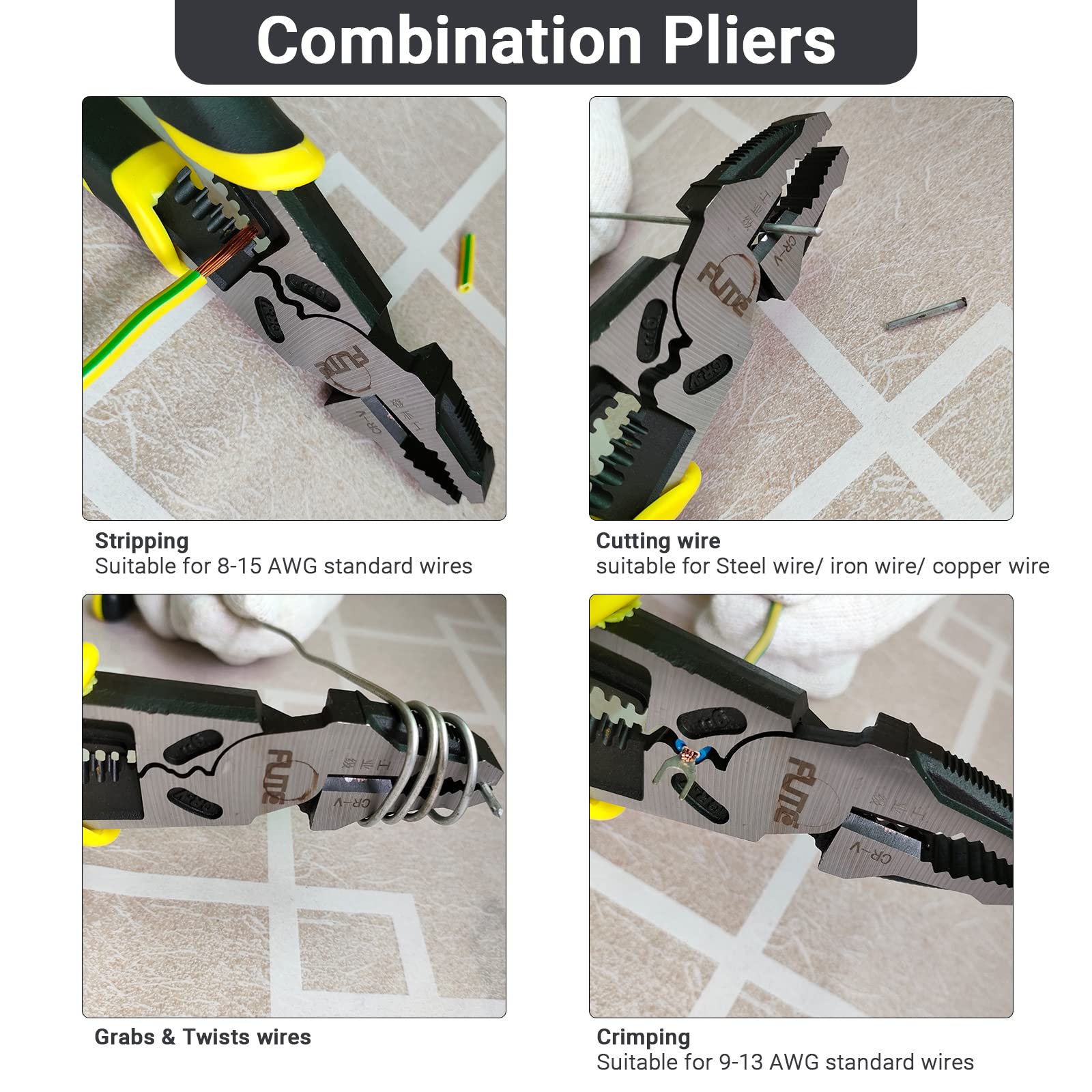 Alicates Lineman 4 en 1, Pro Lineman Tools - Alicates de combinación de 22.7 cm con pelacables + crimpador+cortador+alicates + función de bobinado, grado industrial Linesman Plirs-acero cromado vanadio forjado