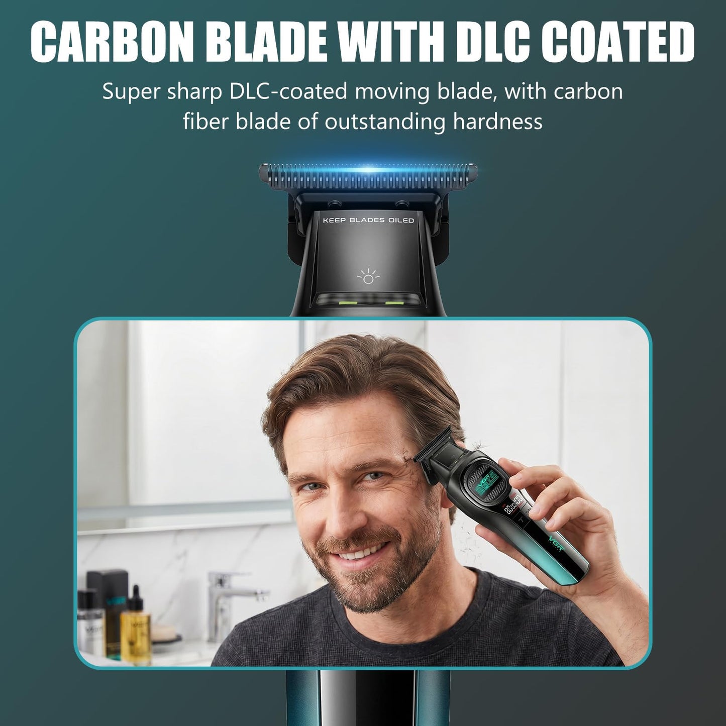 VGR 888T - Cortapelos inalámbrico para hombre, profesional Turbo 8000 RPM con hoja de carbono DLC, pantalla LED, base de carga USB, kit de corte de barba y cabello recargable con peine guía, (verde)