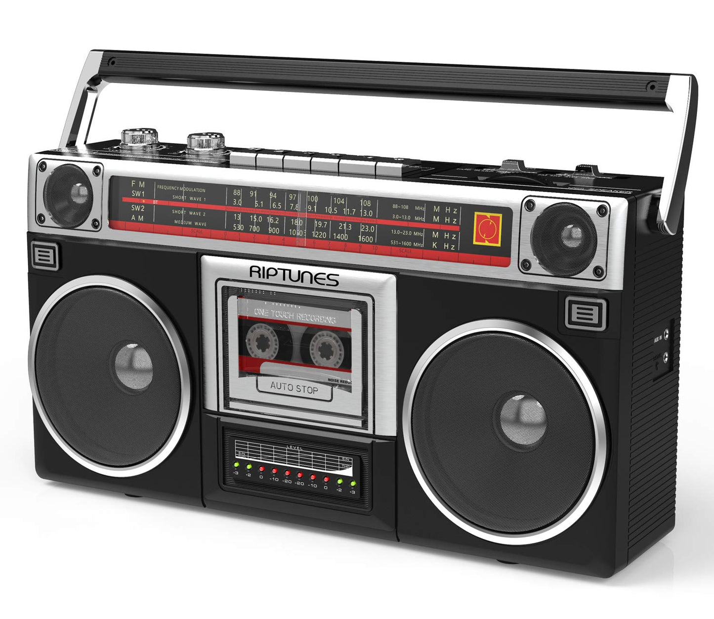 Boombox Riptunes Negro Estilo Clásico con Reproductor de Cassette y Radio AM/FM para Hombre