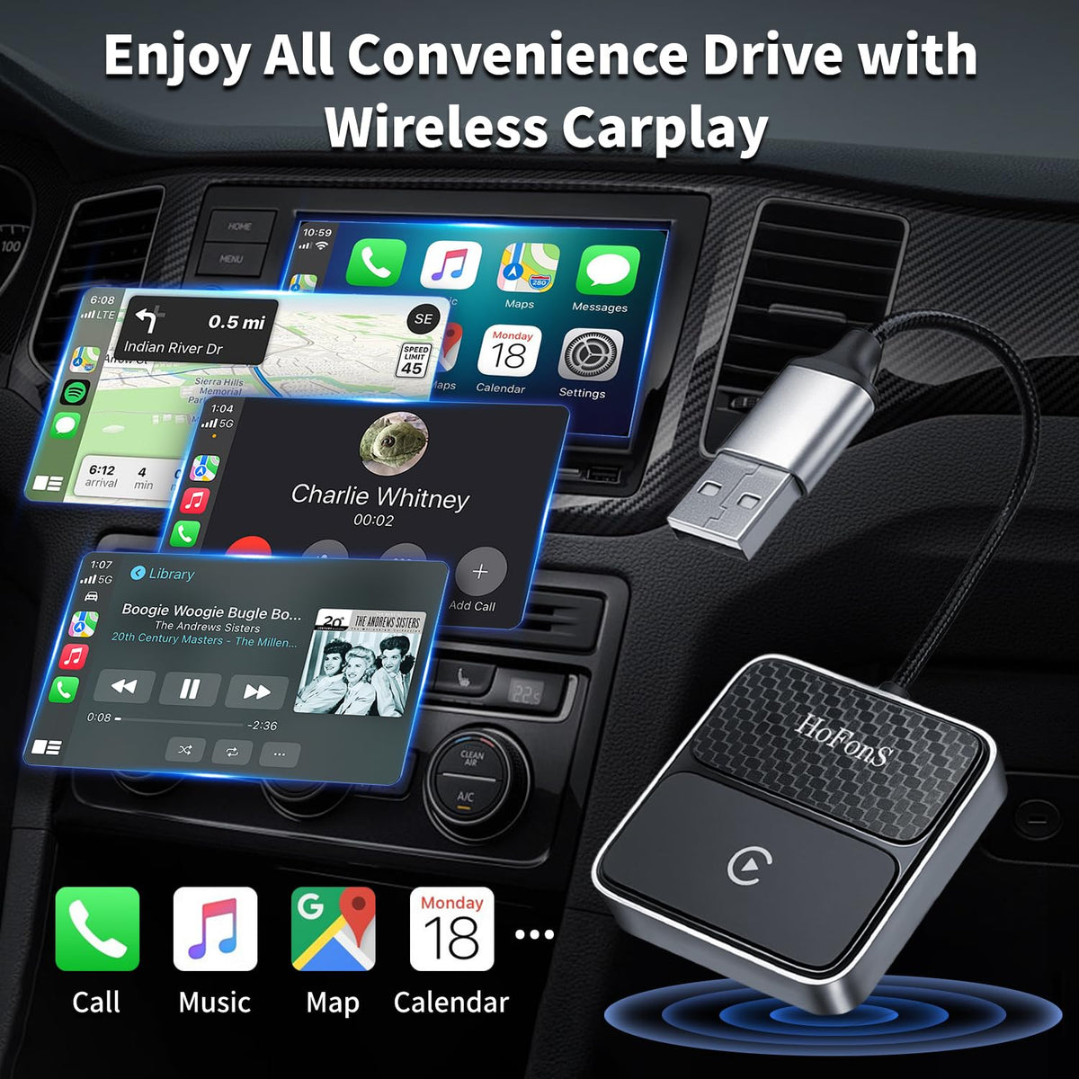 Adaptador Inalámbrico Carplay HoFonS Blanco para iPhone con USB y Bluetooth