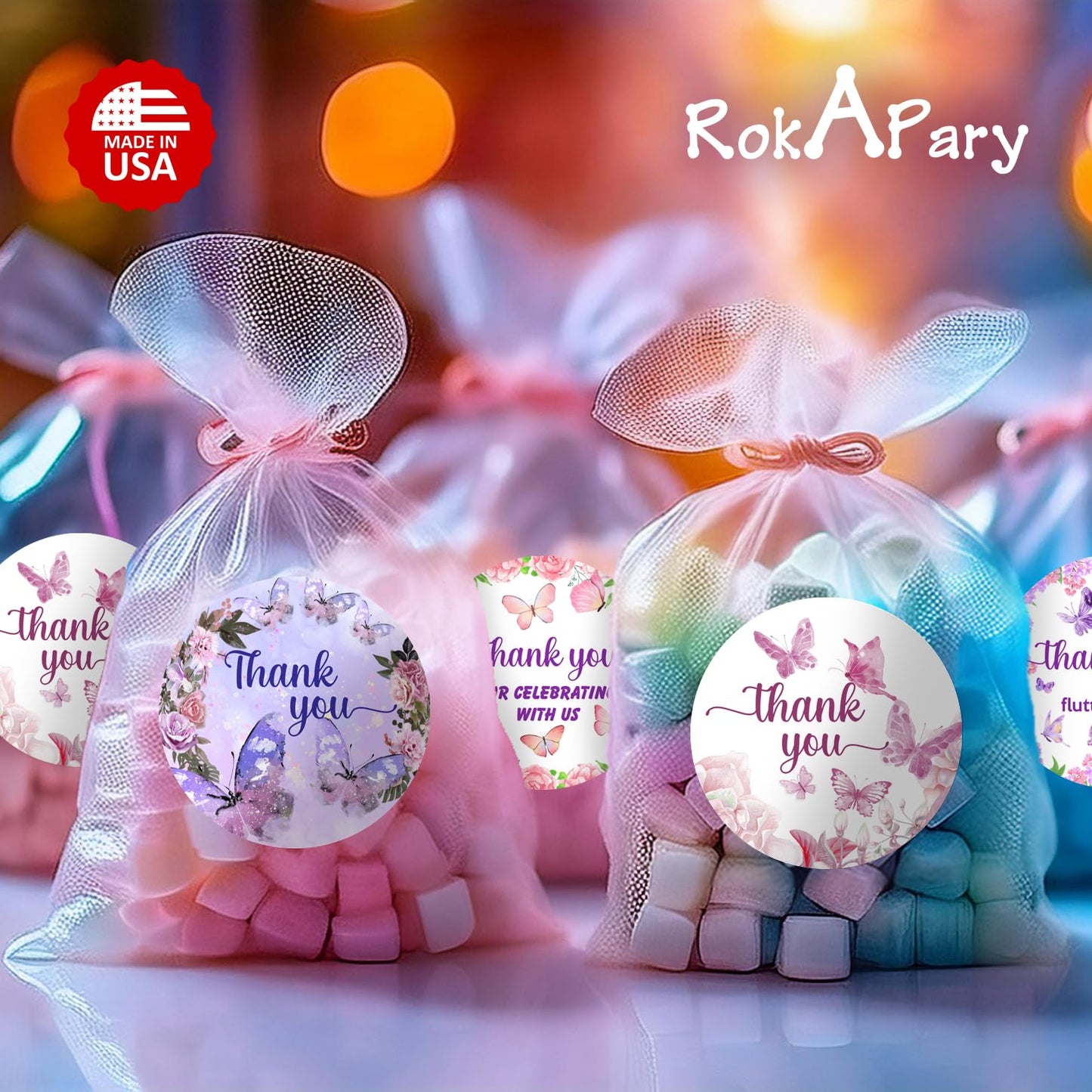 Mariposa 40 pegatinas de agradecimiento, etiquetas brillantes redondas grandes de 2 pulgadas, tema para baby shower, cumpleaños, boda, despedida de soltera, ideal para recuerdos de fiesta, etiquetas, juegos y suministros. Fabricado en Estados Unidos
