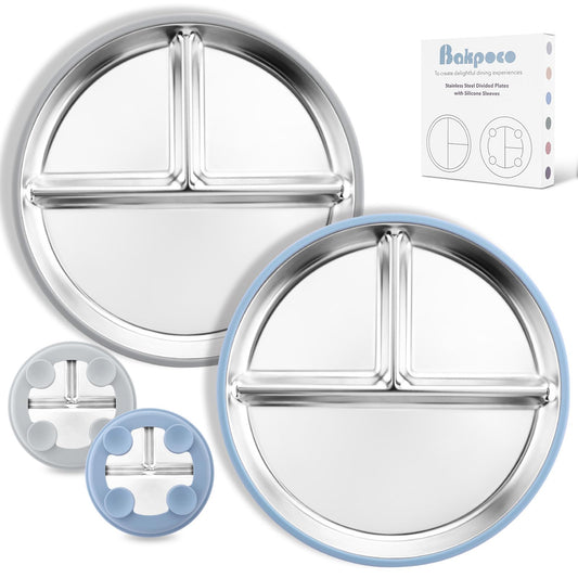 Bakpoco - Plato de acero inoxidable para niños pequeños con succión, platos divididos de 9 pulgadas con mangas de silicona extraíbles para niños, no tóxico y última intervensión de BPA,