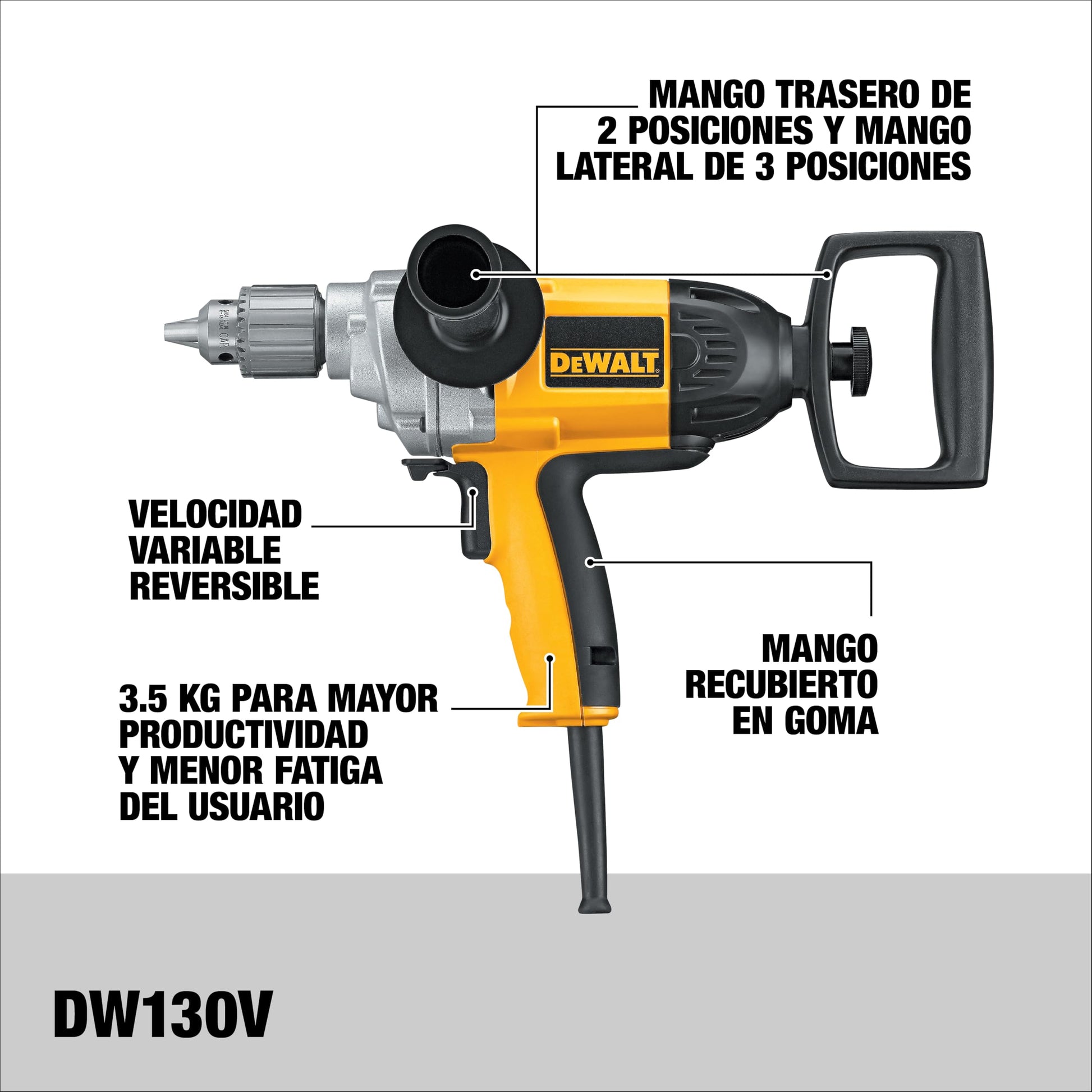 DEWALT Taladro eléctrico 9.0Amp, 1/2" (13mm), 710W, velocidad variable, mango lateral, ideal para mezclas y perforaciones grandes (DW130V)