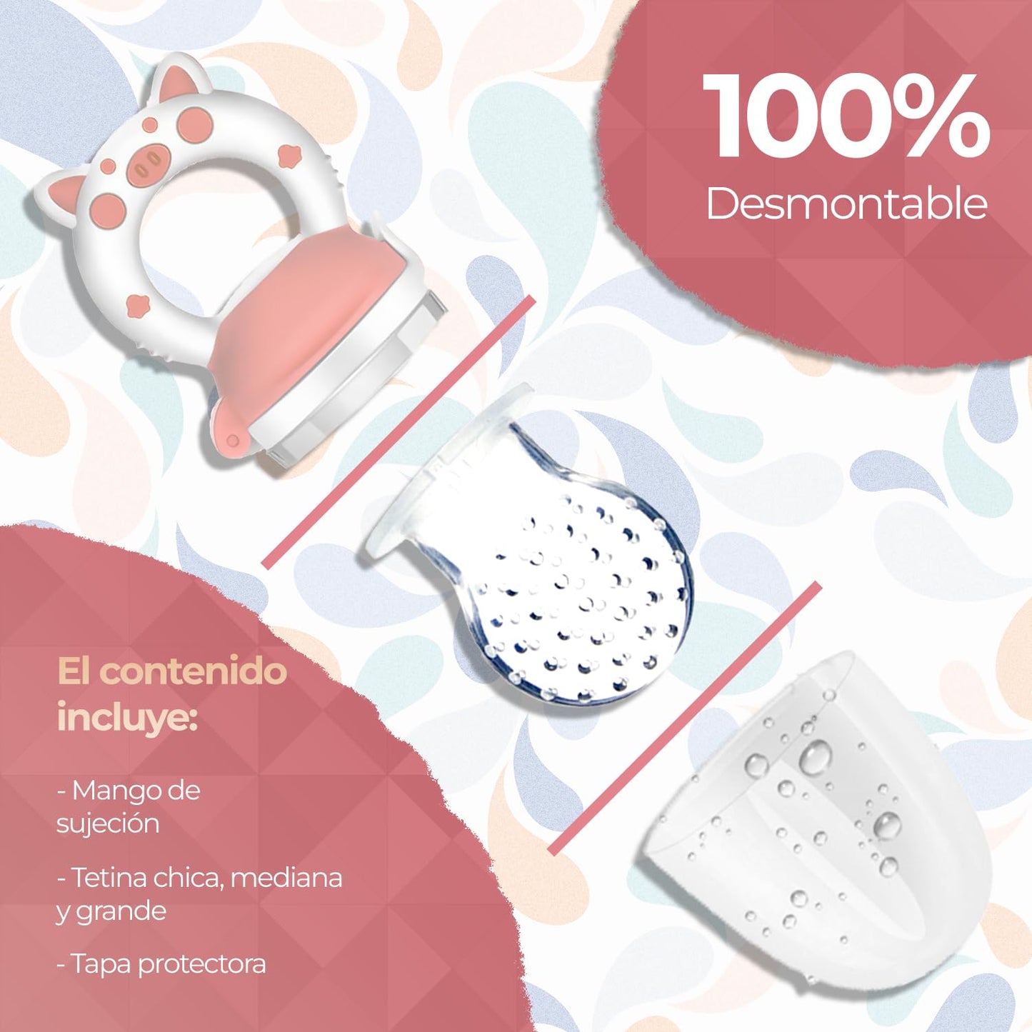 Chupón Para Fruta Y Papilla Sweet Baby Rosa Blanco con Seguro y Tapa dibujos animados, Libre de BPA