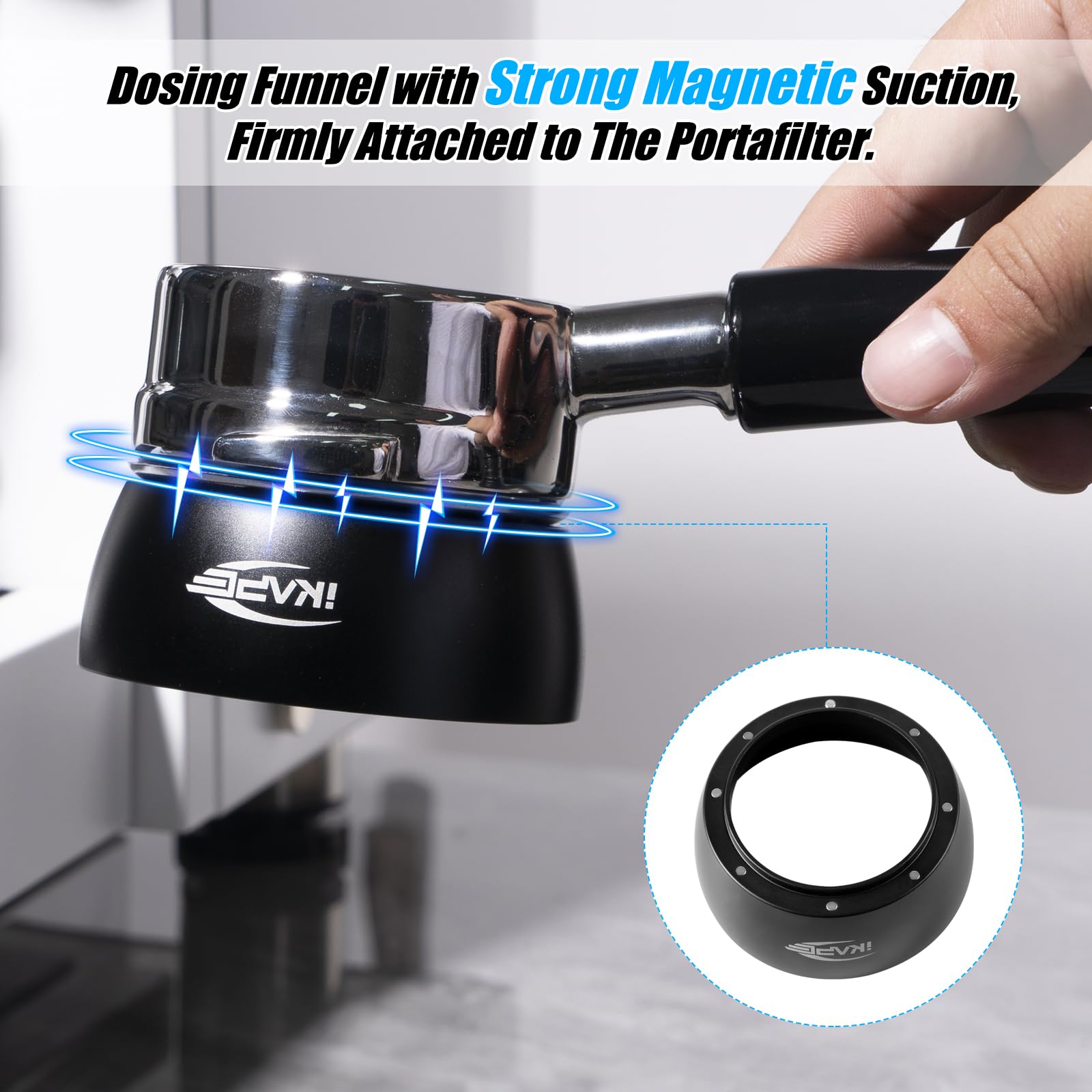 IKAPE Juego de Embudo Dosificador Magnético, Anillo Dosificador de Espresso Y Kit de Pantalla de Disco Compatible con Portafiltro Sin Fondo Breville de 54 mm, con 8 Imanes Pequeños 53Mm Negro