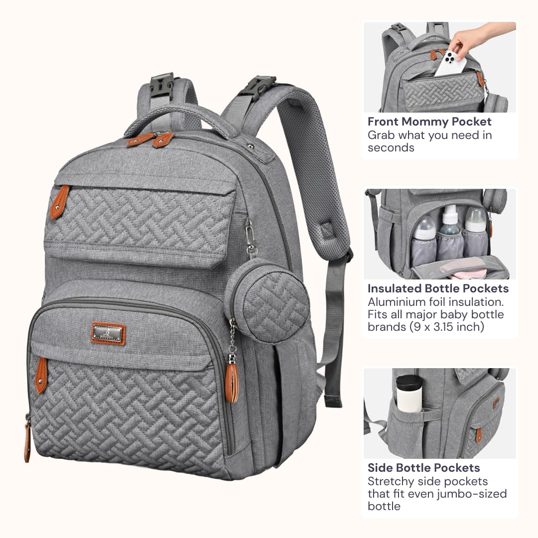BabbleRoo - Mochila para pañales grande de viaje para bebé con cambiador, bolsas impermeables para bebé para mamá y papá, bolsas unisex con estuche para chupete, correa de equipaje y clips para