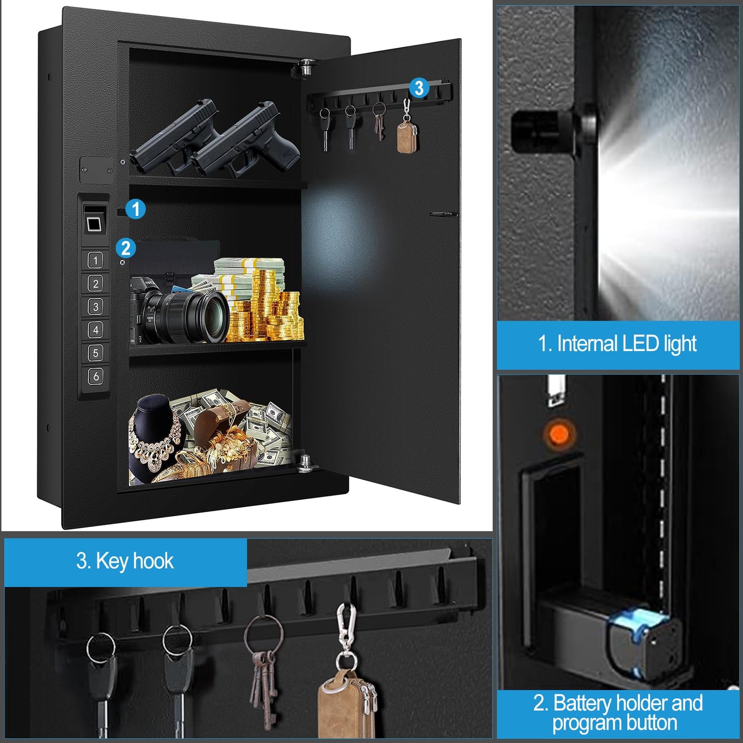 LANGGER V - Caja fuerte biométrica para pared, acceso por huella digital oculta, teclado o llave, para instalación entre vigas, protege armas cortas, documentos, joyas y objetos de valor