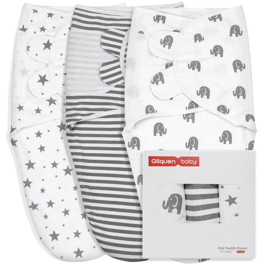 GLLQUEN BABY - Mantas para bebé niño y niña, de 3 a 6 meses, estrella de elefante gris y rayas, juego de 3 unidades, saco de dormir ajustable para recién nacido, (mediano/grande)
