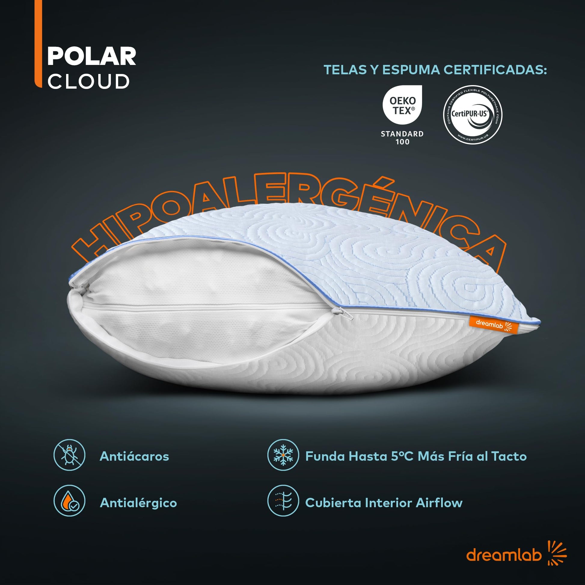 Almohada Dreamlab Polar Cloud Blanco Altura Ajustable Memory Foam Tamaño King Size 45cm x 84cm