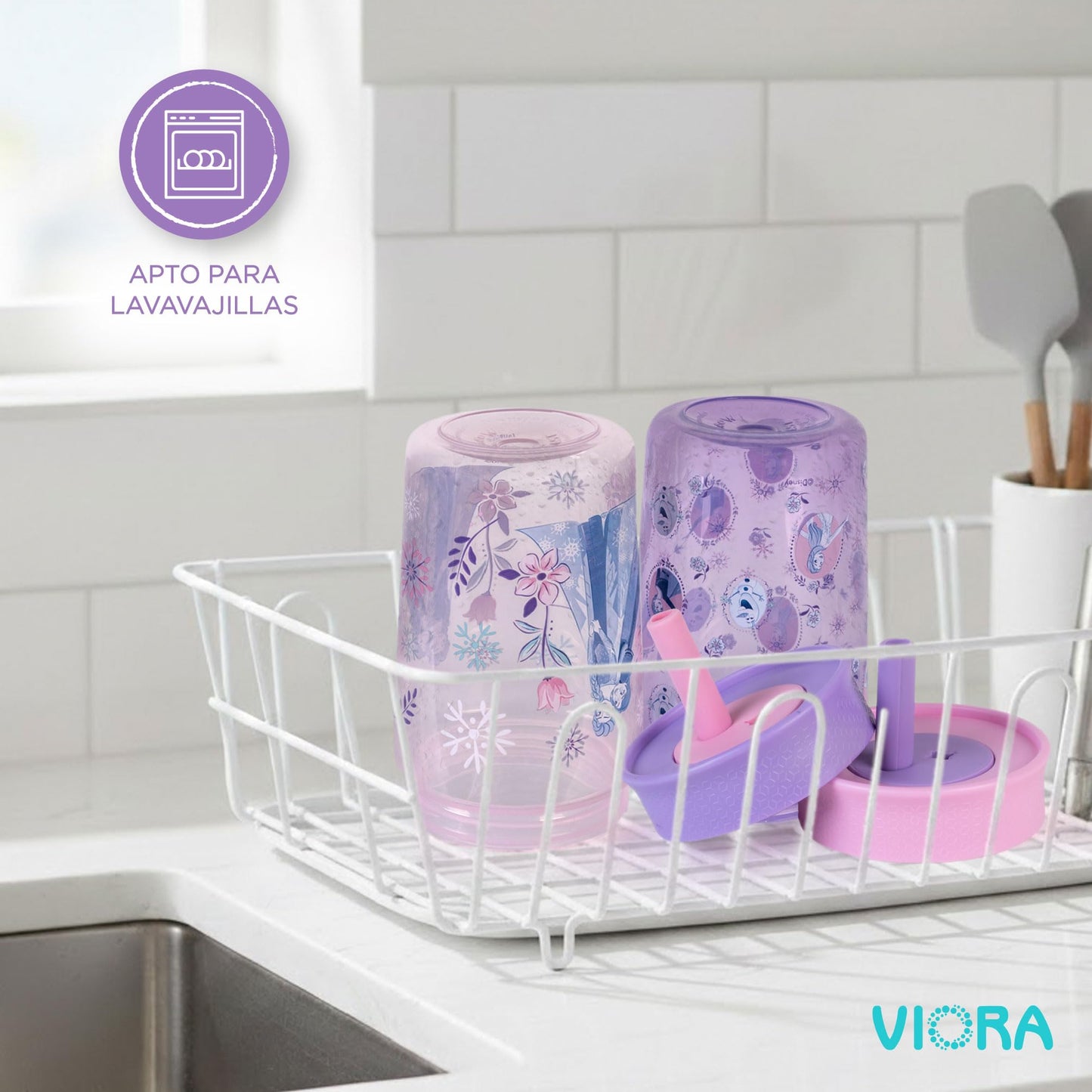 VIORA Termo Infantil Twin Tumb, Vaso Entrenador para Niños de 450 ml (2Pzs), Popote Flexible Antiderrames, Fácil de Limpiar, Ideal para Viajes, Botella de Agua para Niños, Apto para Lavaplatos