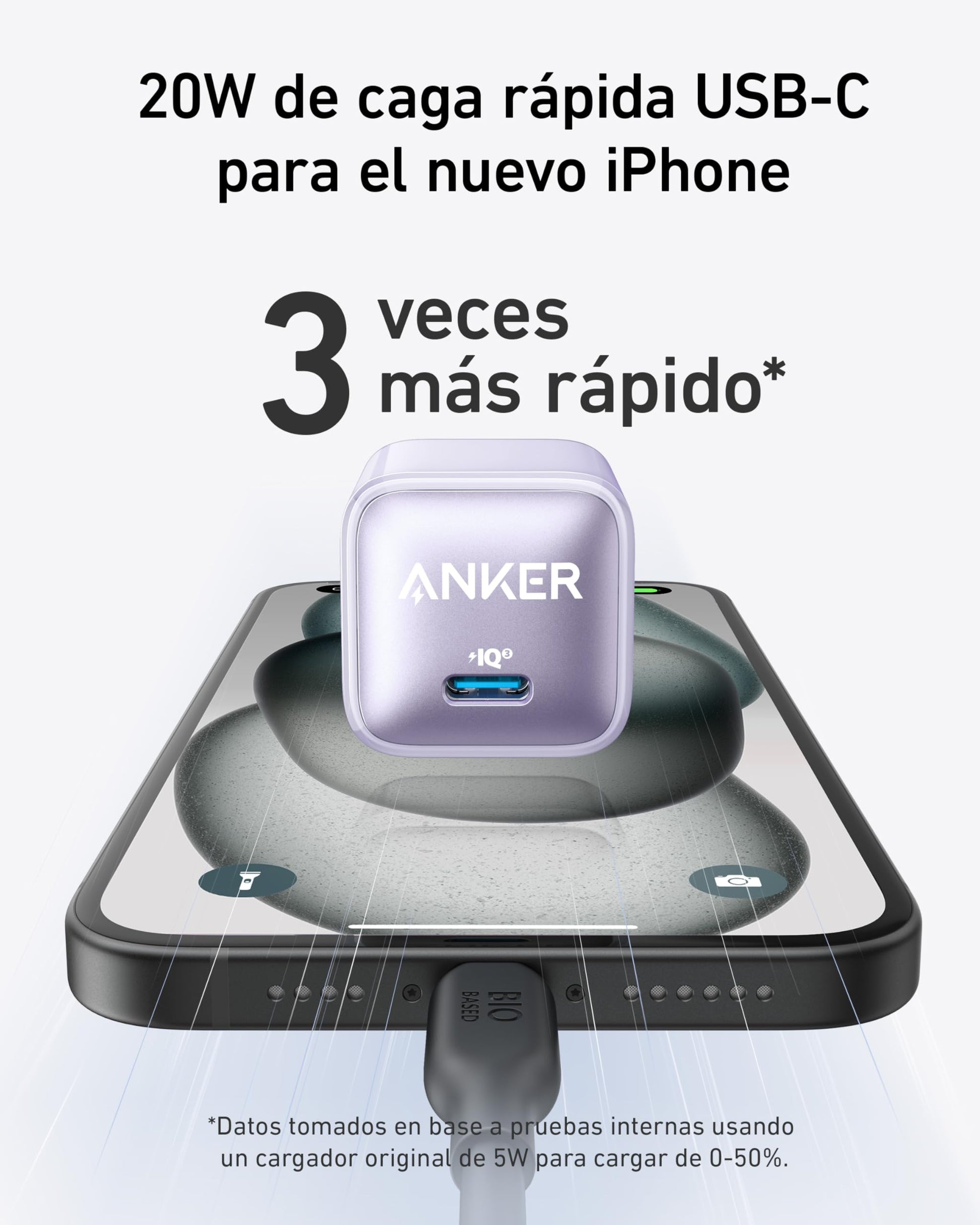 Anker Cargador USB C de 20 W, Cargador 511 (Nano Pro), PIQ 3.0 Cargador rápido Compacto para iPhone 16/16 Plus/16 Pro/16 Pro MAX, Serie 15/14/13, Galaxy, Pixel 4/3, iPad (Cable no Incluido)