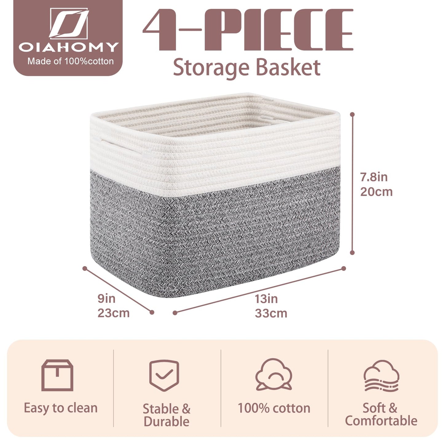 OIAHOMY - Paquete de 4 cestas de almacenamiento, 13 x 9 x 7.8 pulgadas, cestas de cuerda de algodón para estantes, organizador de clóset para recámara y sala de estar, contenedores decorativos suaves