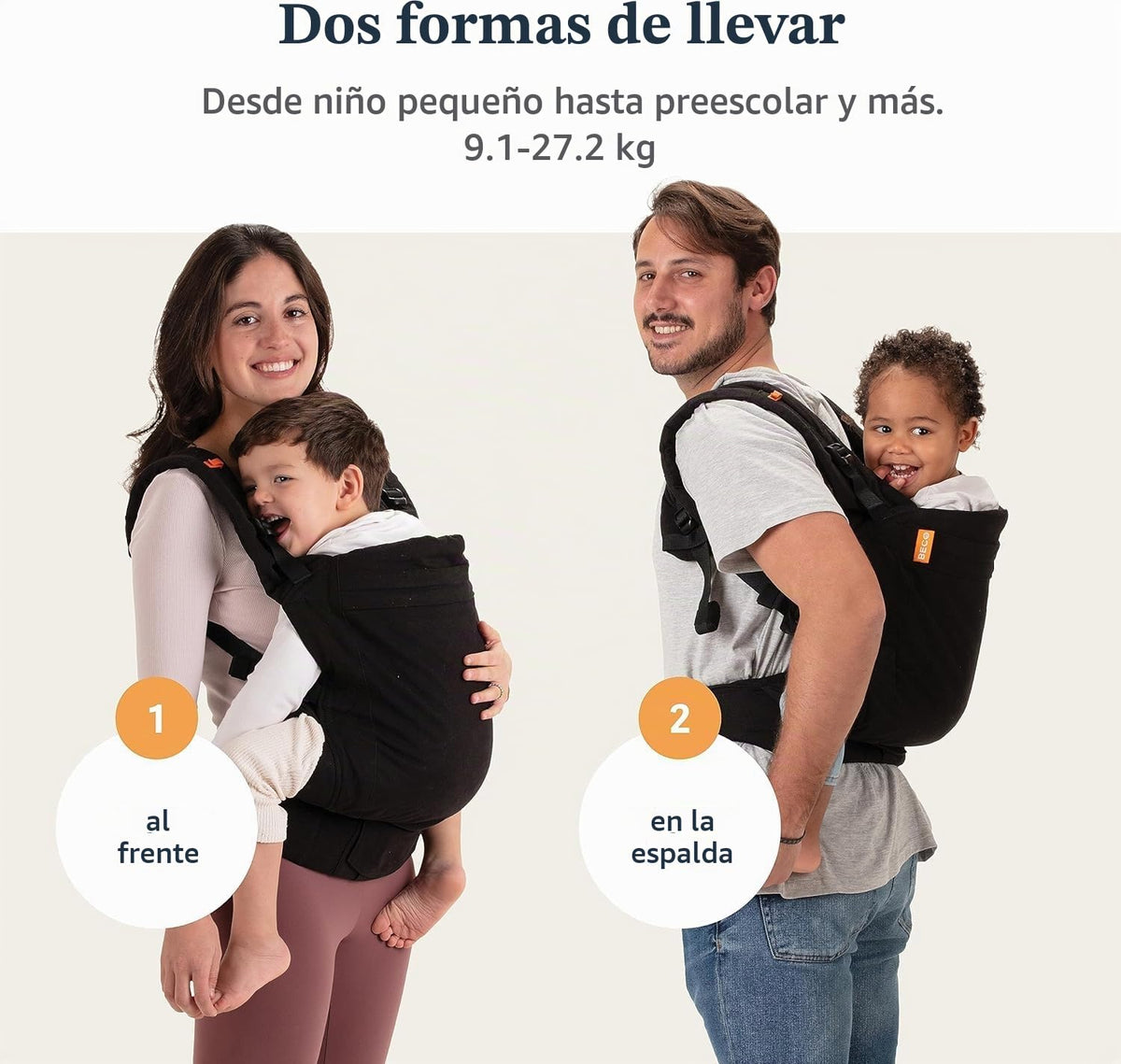 Beco - Portabebés para niños pequeños con asiento extra ancho, 100% algodón, estilo mochila y transporte frontal, ligero y ergonómico para niños (24-48 meses), color crudo