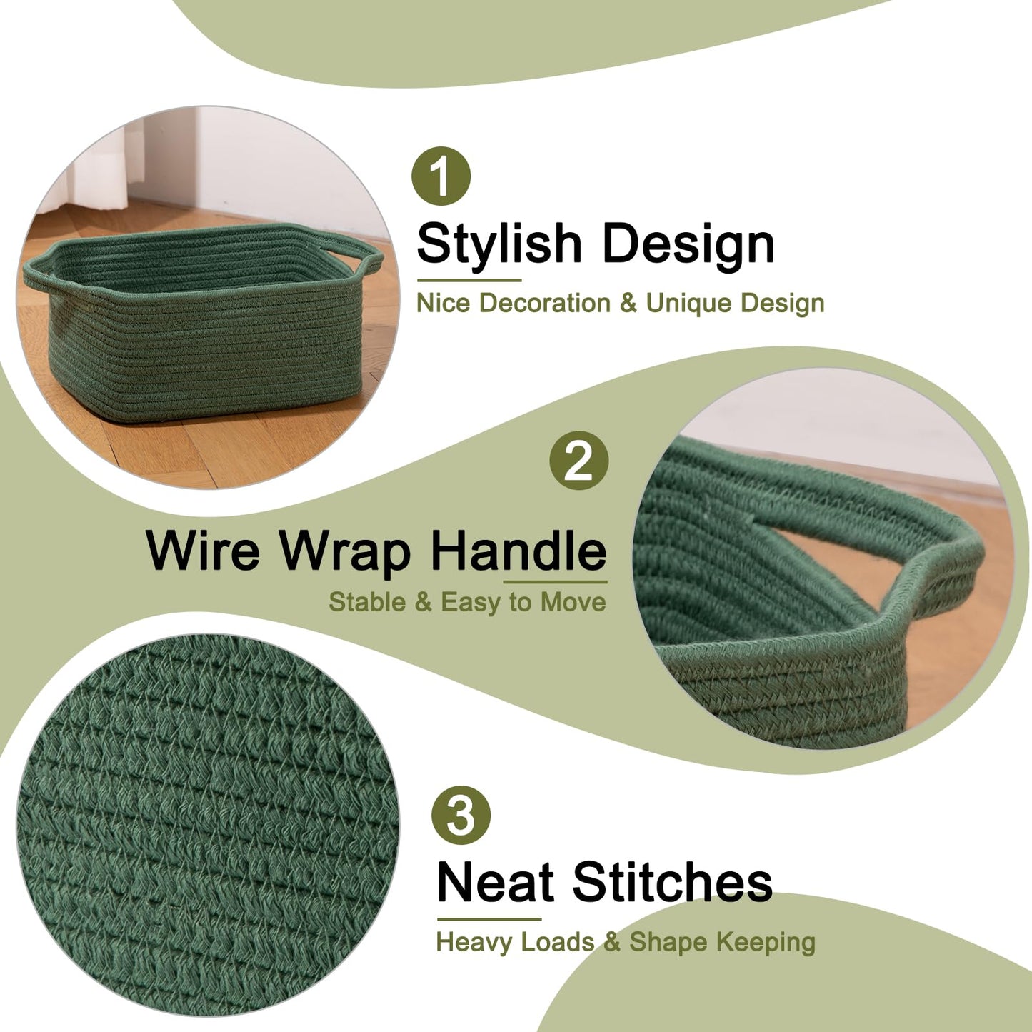 OIAHOMY - Cestas tejidas de cuerda de algodón para almacenamiento, cesta de almacenamiento rectangular para guardería con asas para estantes, paquete de 3, verde