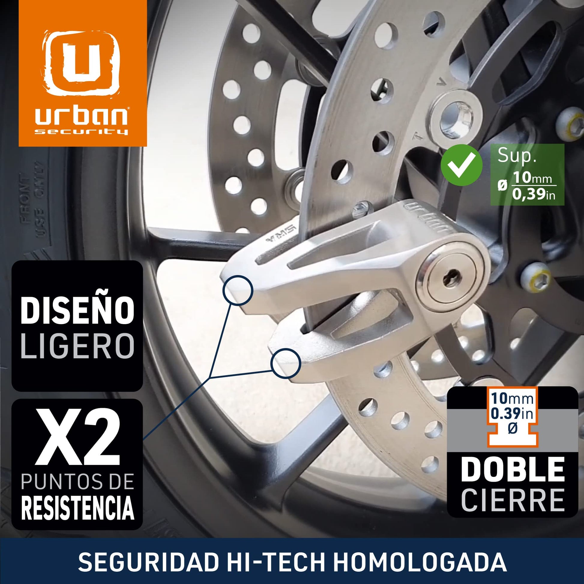 Candado de Disco Urban UR210S Gris con Alta Seguridad SRA y Doble Cierre para Moto