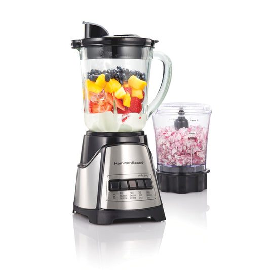 Hamilton Beach Power Elite Licuadora para batidos con 3 tazas cortador de verduras mini procesador de alimentos, tarro de vidrio de 40 onzas, 12 funciones para puré, hielo aplastado, negro y acero