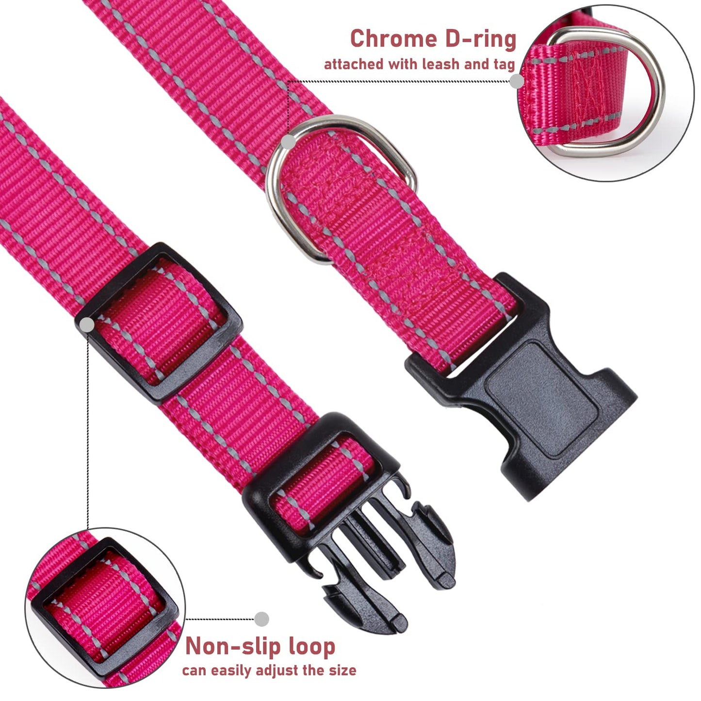 Collar reflectante para perro con hebilla de bloqueo de seguridad, ajustable suave neopreno acolchado transpirable de nailon para perros pequeños, medianos y grandes, rosa S