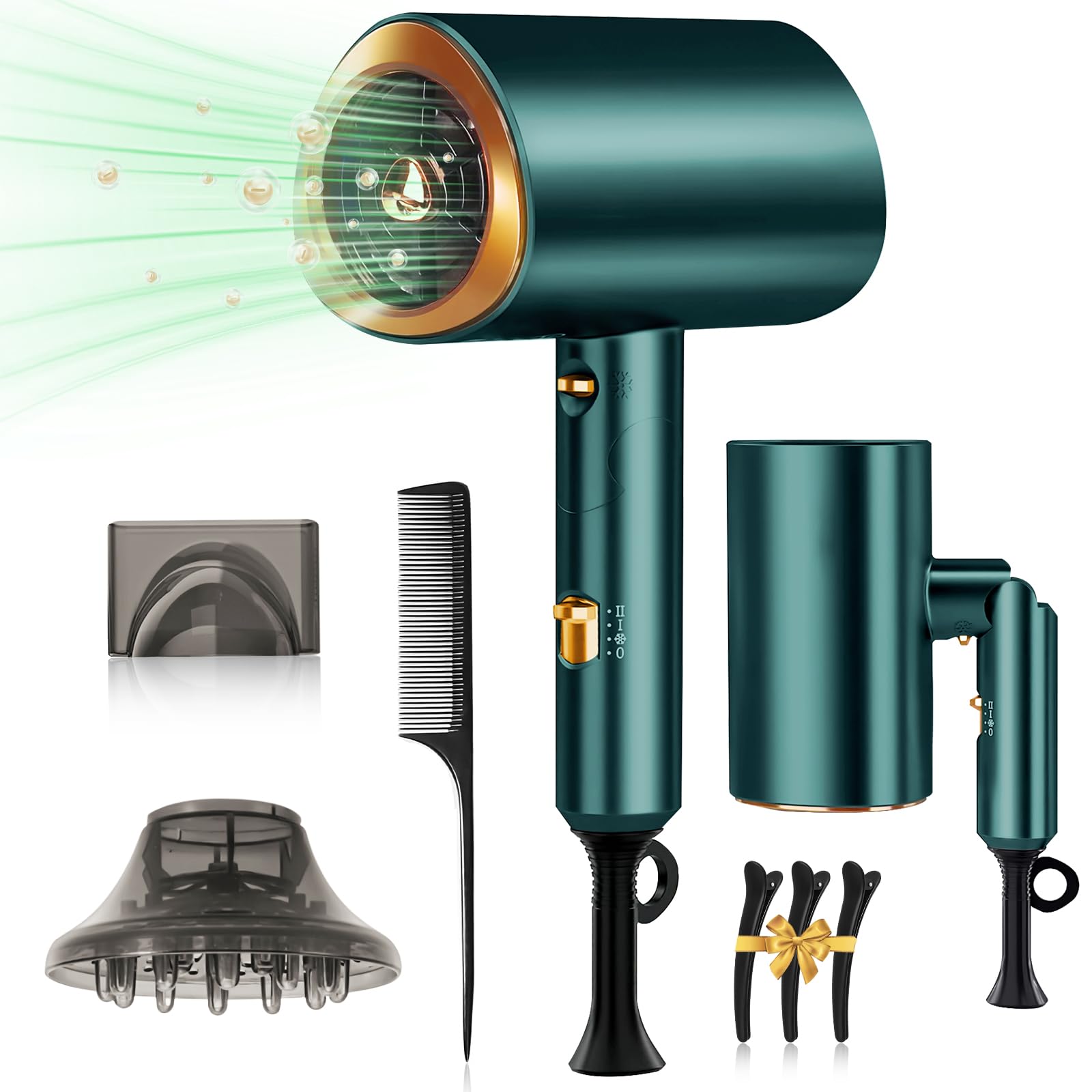 Secadora de Cabello,1800W Secador Cabello de Iónico Negativo,3 Velocidades de Ajuste Frío/Calor,Portatil y Plegable,Secadora para Cabello Profesional Con Boquilla y Difusor,Apto para Hogar,Viaje,Salón