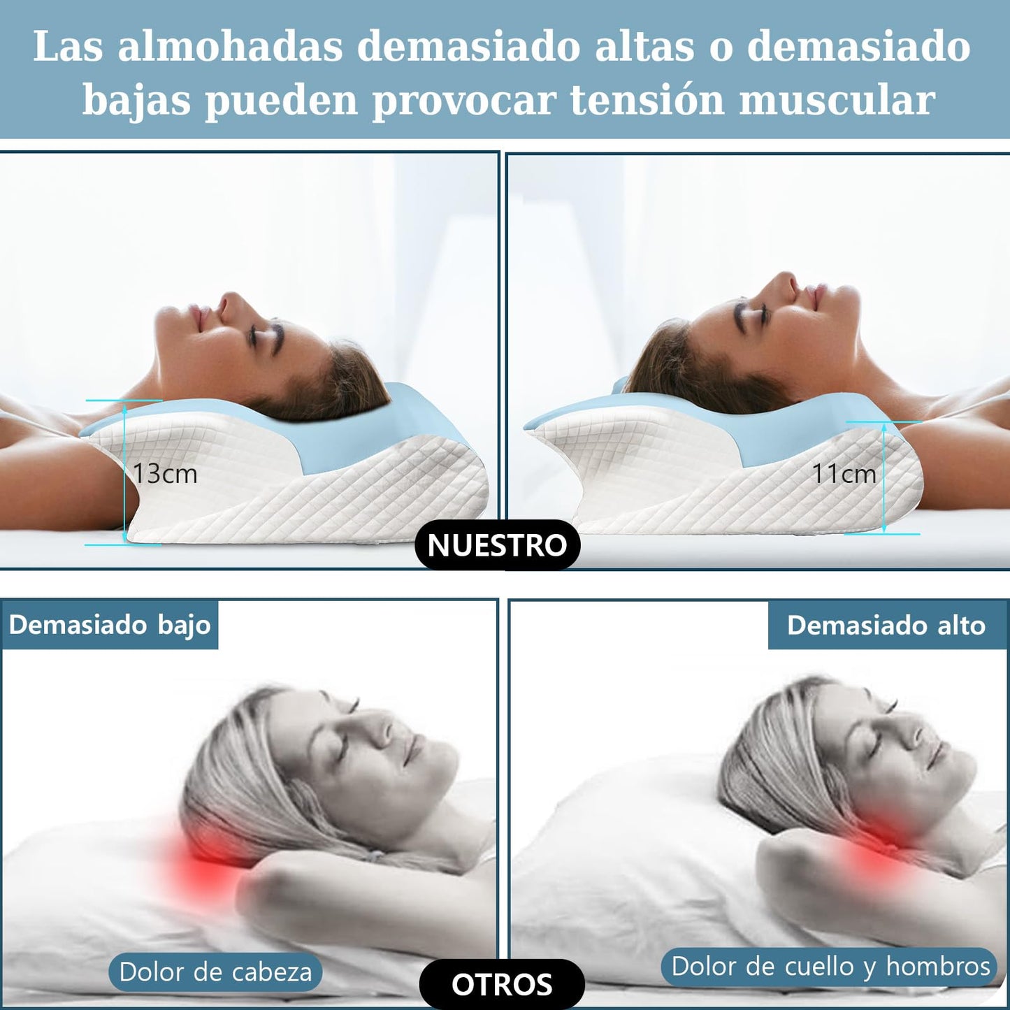 GALASALA Almohada Memory Foam, Almohada Cervical para Aliviar el Dolor de Cuello, Almohada Ortopédica Ergonómica para Boca Arriba, Personas Que Dormir de Lado o Boca Abajo, con Fundas de Almohada